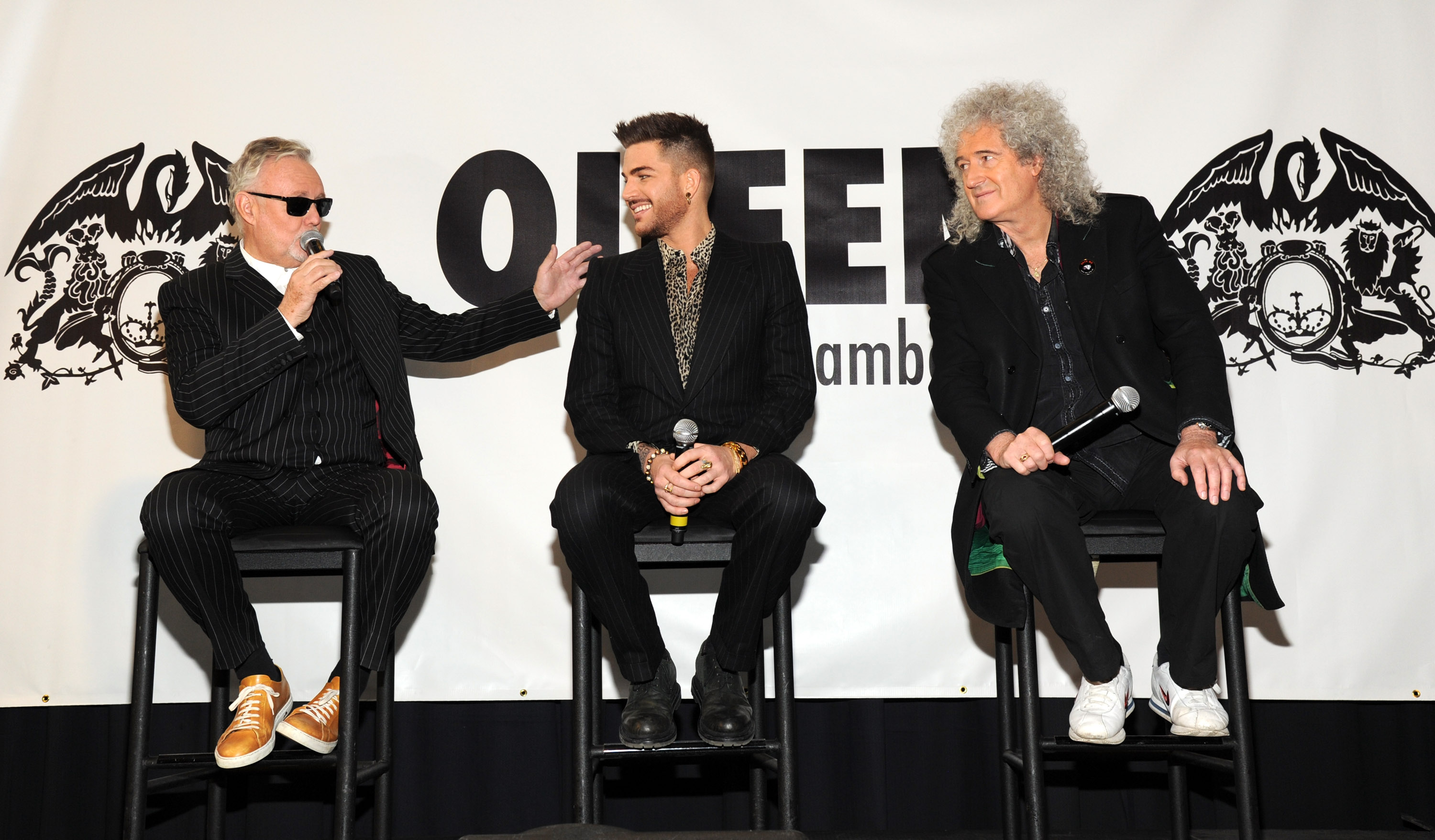 Roger Taylor, Adam Lambert and Brian May during Queen (Brian May and Roger Taylor) + Adam Lambert North American tour announcement at Madison Square Garden on March 6, 2014 in New York City. (Kevin Mazur—WireImage)