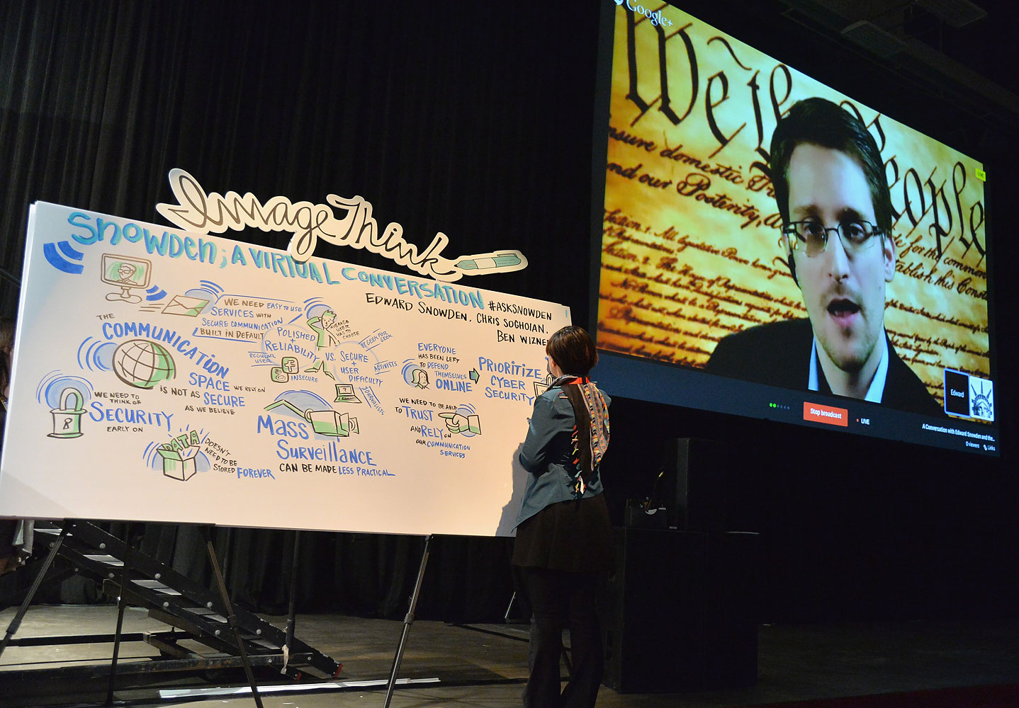 NSA whistleblower Edward Snowden speaks via videoconference at the "Virtual Conversation With Edward Snowden" during the 2014 SXSW Music, Film + Interactive Festival at the Austin Convention Center on March 10, 2014 in Austin. (Michael Buckner—Getty Images for SXSW)