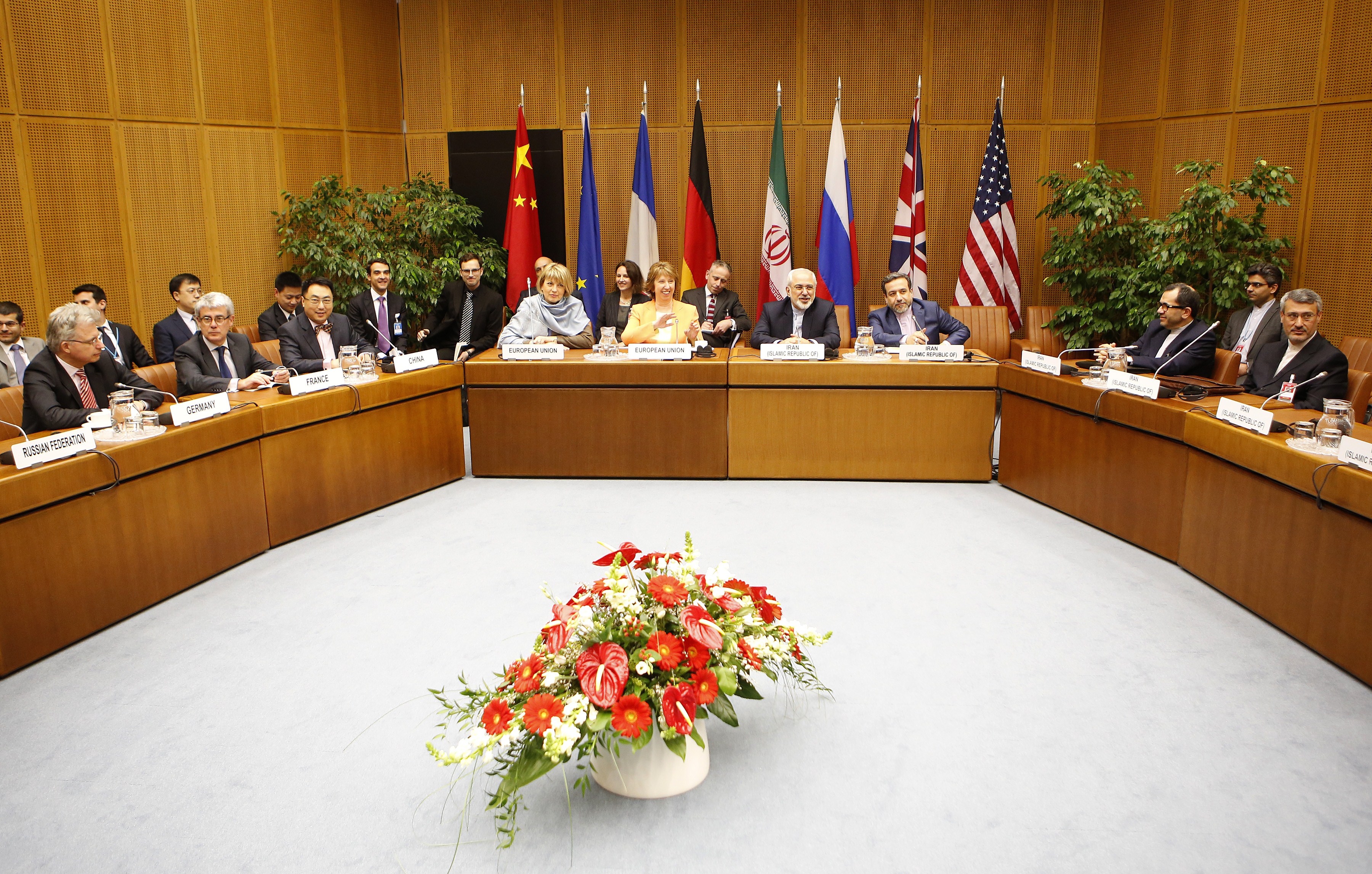 E.U. foreign-affairs representative Catherine Ashton, center left, and Iranian Foreign Minister Mohammad Javad Zarif, center right, attend the second day of the second round of nuclear talks with Iran at the U.N. headquarters in Vienna on March 19, 2014 (DIETER NAGL&mdash;AFP/Getty Images)