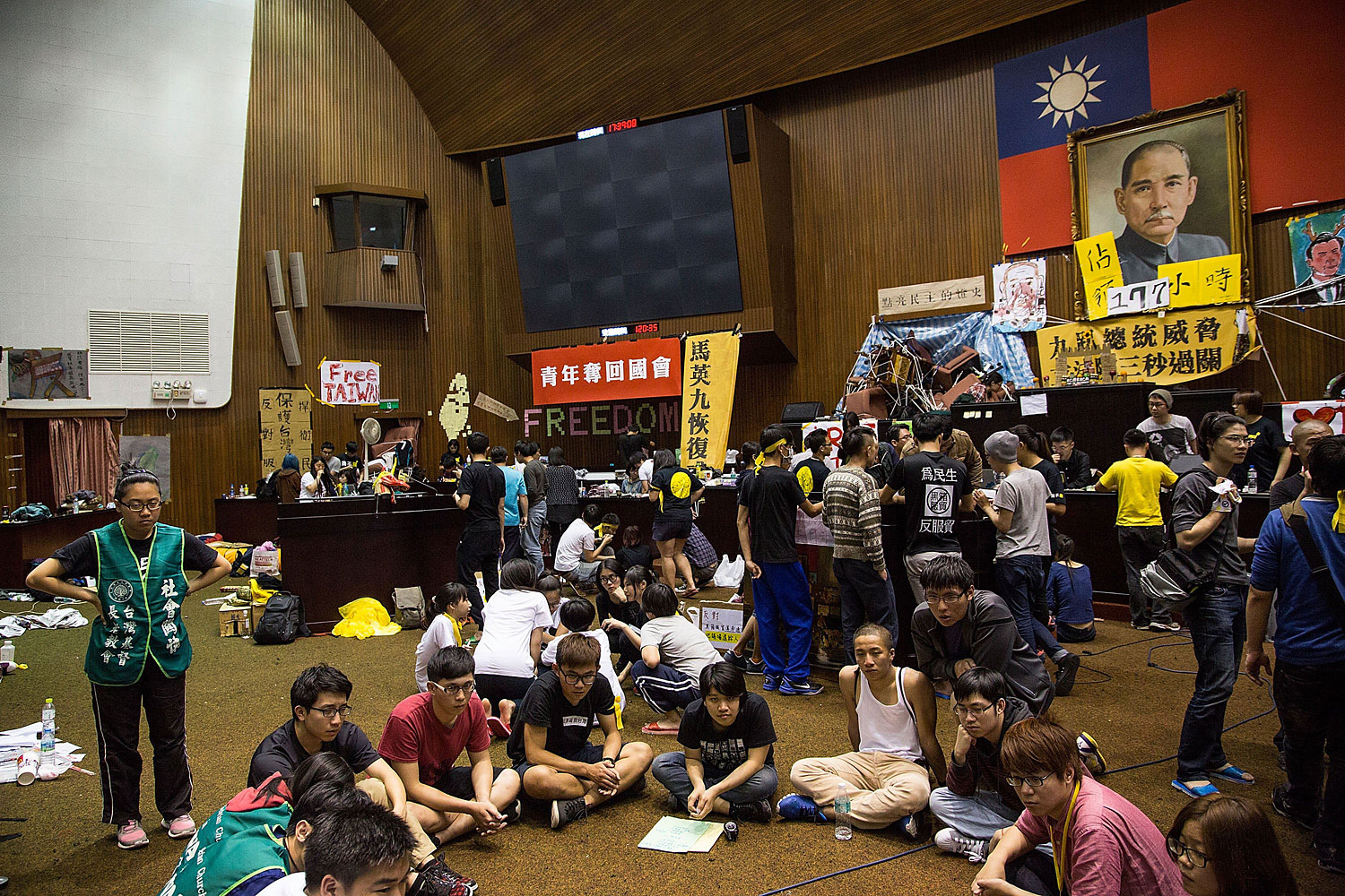 Student protesters occupy the legislature the day after the clash with riot police at the Executive Yuan on March 24, 2014 in Taipei, Taiwan.