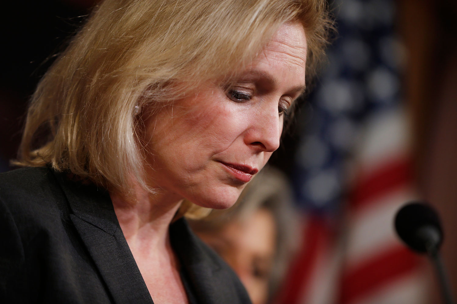 Senator Kirsten Gillibrand, a New York Democrat, pauses while speaking at a news conference on Capitol Hill in Washington on March 6, 2014, following a Senate vote on military sexual assaults (Charles Dharapak&mdash;AP)