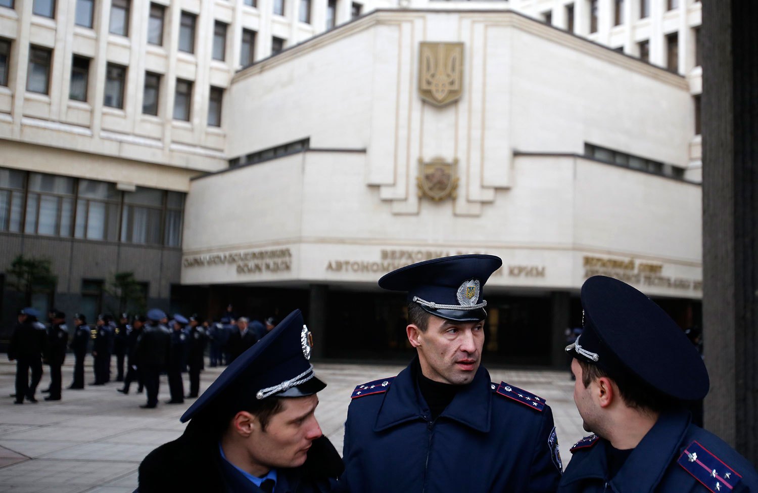 Ukrainian police officers guard local government building during a protest in Simferopol, Feb. 26, 2014.