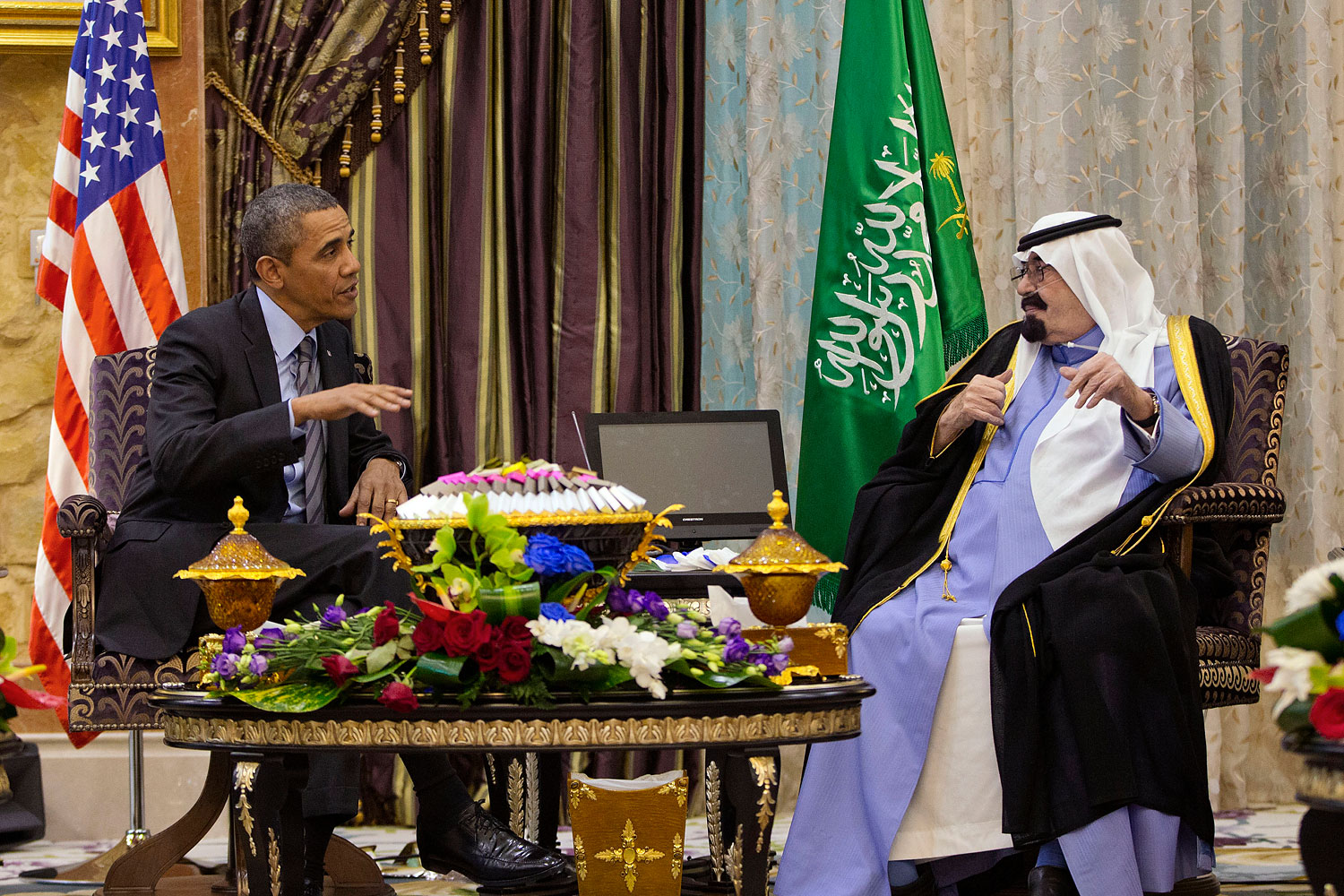 President Barack Obama meets with Saudi King Abdullah at Rawdat Khuraim, Saudi Arabia, March 28, 2014. (Pablo Martinez Monsivais—AP)