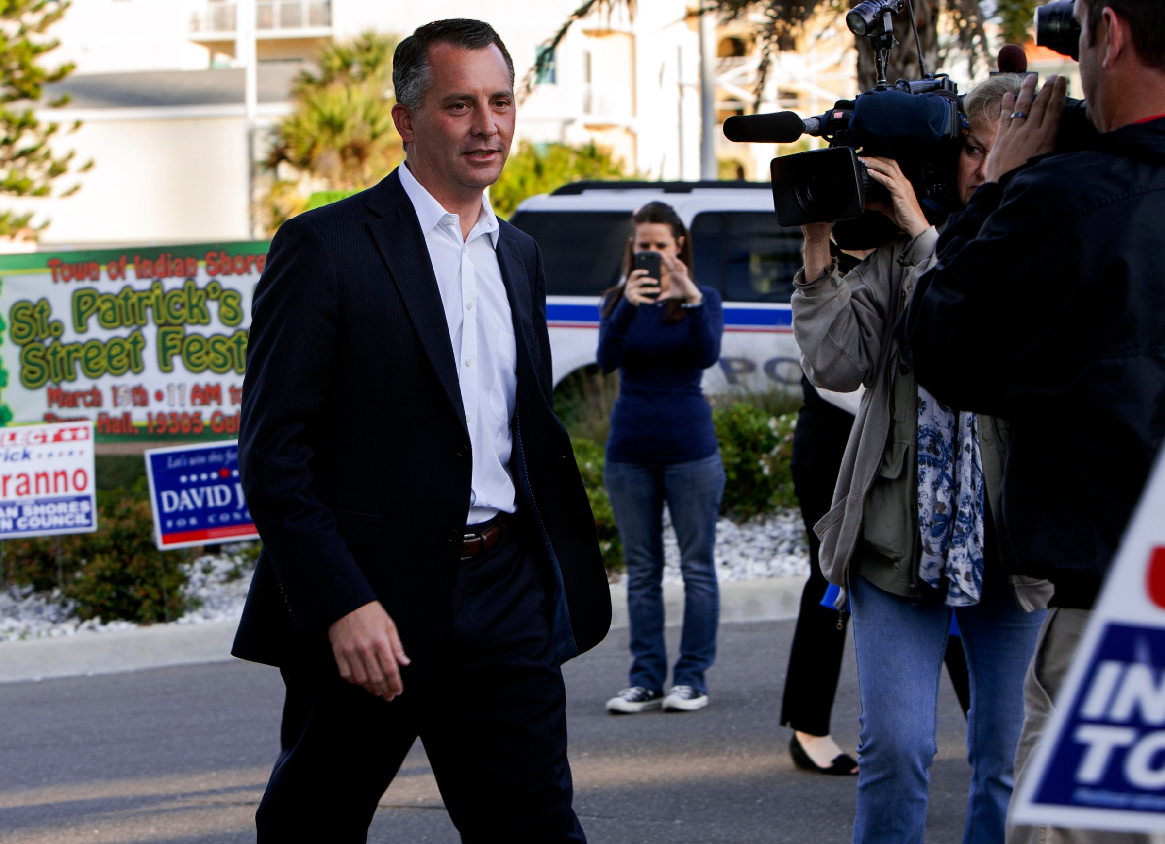 Candidate David Jolly arrives at the Indian Shores Town Hall to place his vote in the special election for Florida 13th Congressional District in Indian Shores, Fla., March 11, 2014.