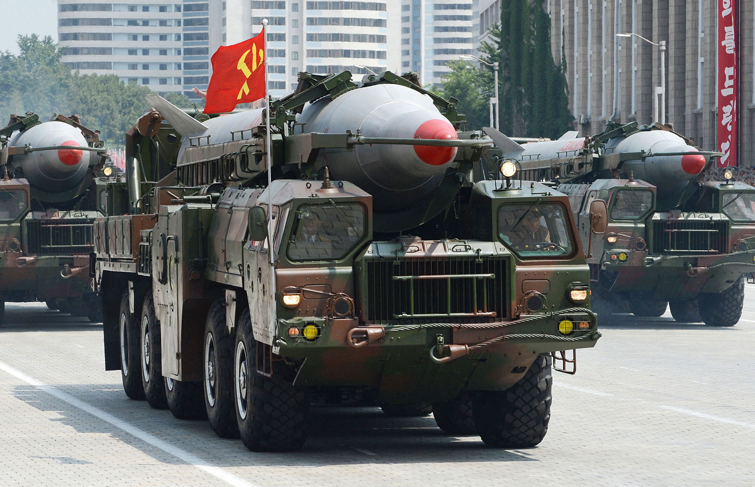Rodong medium-range ballistic missiles in a military parade at Kim Il Sung Square in Pyongyang in July 2013 (Kyodo/AP)