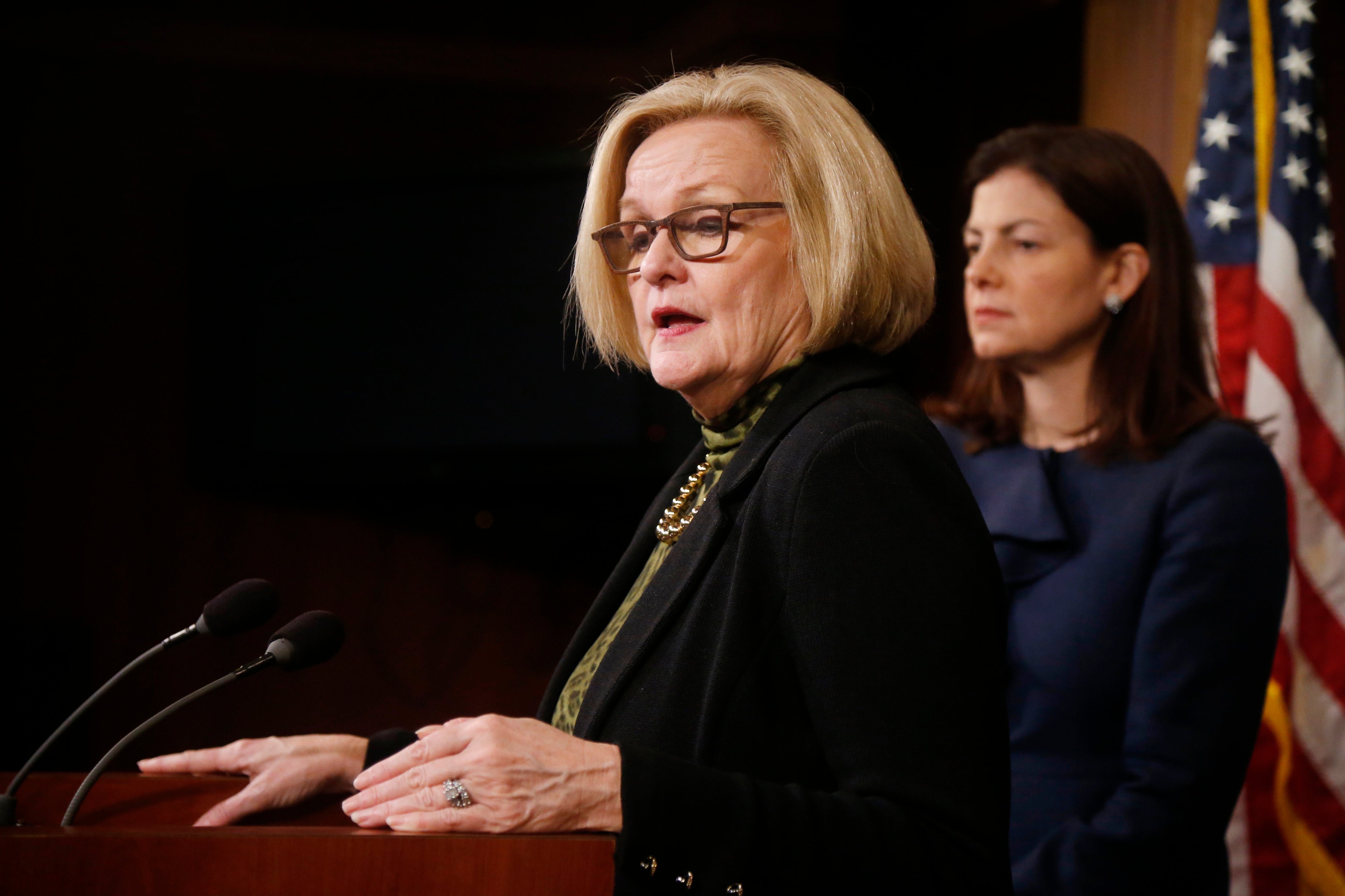 Senator Claire McCaskill and Senator Kelly Ayotte at a news conference on Capitol Hill in Washington, D.C., on March 6, 2014, following a Senate vote on military sexual assaults. (Charles Dharapak—AP)
