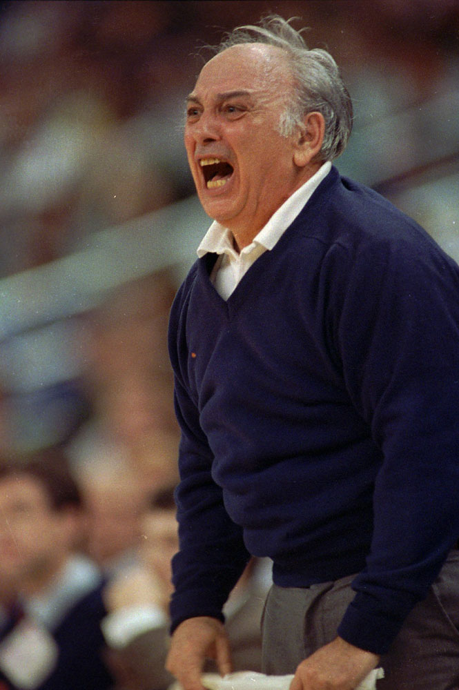 Princeton coach Pete Carril reacts as his team starts to lose their lead over Georgetown during NCAA tournament first round game, March 17, 1989 in Providence, R.I. Georgetown defeated Princeton 50-49. (David Tennenbaum—AP)
