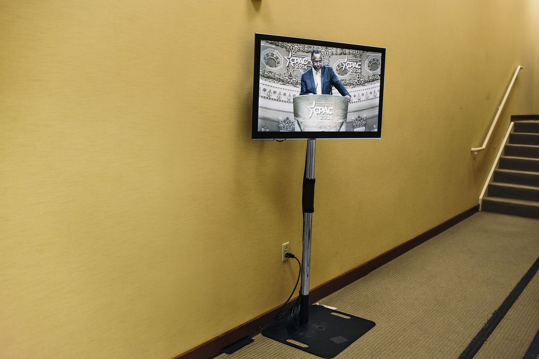 Dr. Ben Carson is shown on a screen backstage while he speaks during the final day of the Conservative Political Action Conference (CPAC) at the Gaylord National Resort & Convention Center in National Harbor, Md.