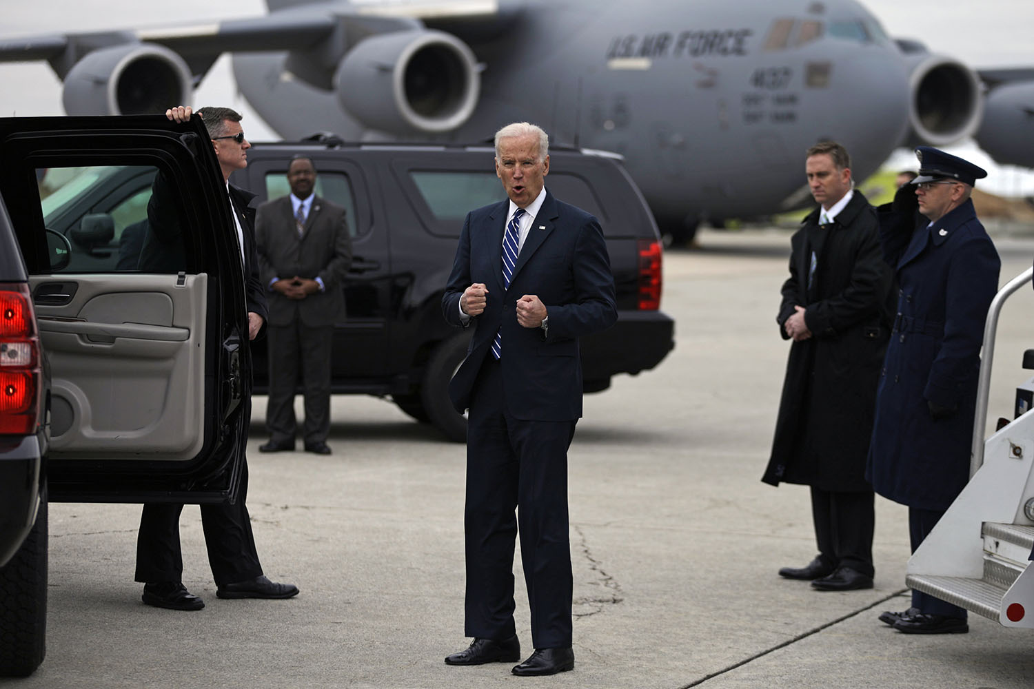 Mar. 4, 2014. Vice President Joe Biden remarks about the cold weather to the media after getting off the plane at Hartsfield-Jackson Atlanta International airport in Atlanta.