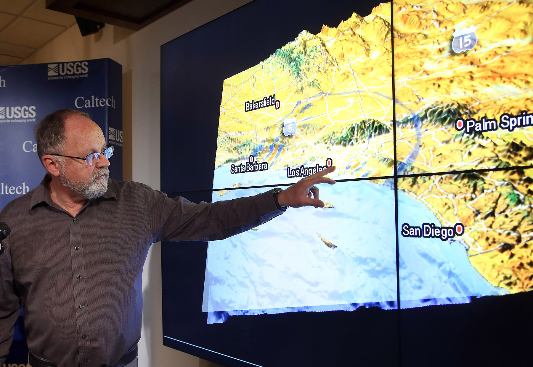Egill Hauksson, a Caltech seismologist, talks about an early morning earthquake during a news conference at Caltech in Pasadena, Calif, on Monday, March 17, 2014. (Nick Ut—AP)