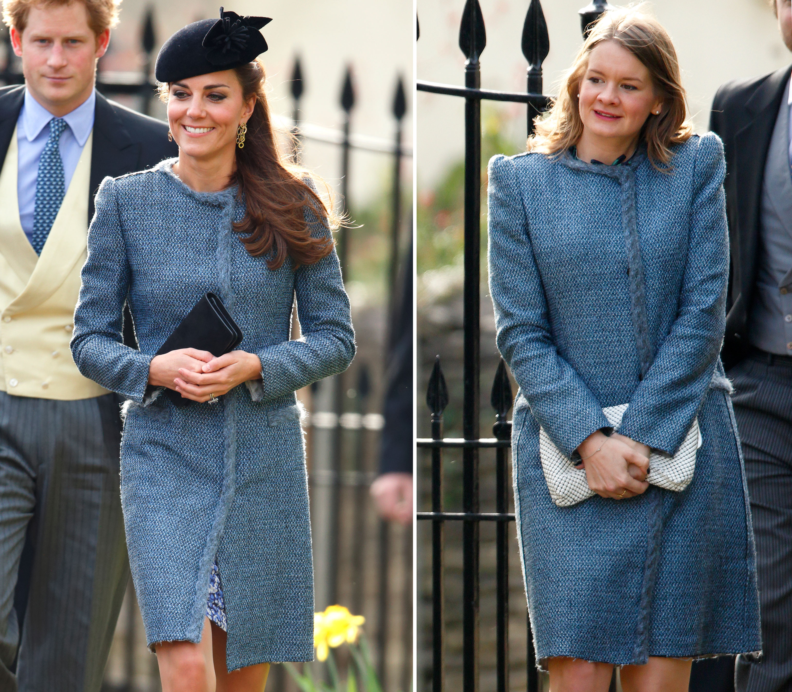 From left: Catherine, Duchess of Cambridge and a fellow guest wearing the same Missoni coat attend the wedding of Lucy Meade and Charlie Budgett at the church of St Mary the Virgin, Marshfield on March 29, 2014 in Chippenham, England. (Max Mumby—Indigo/Getty Images)