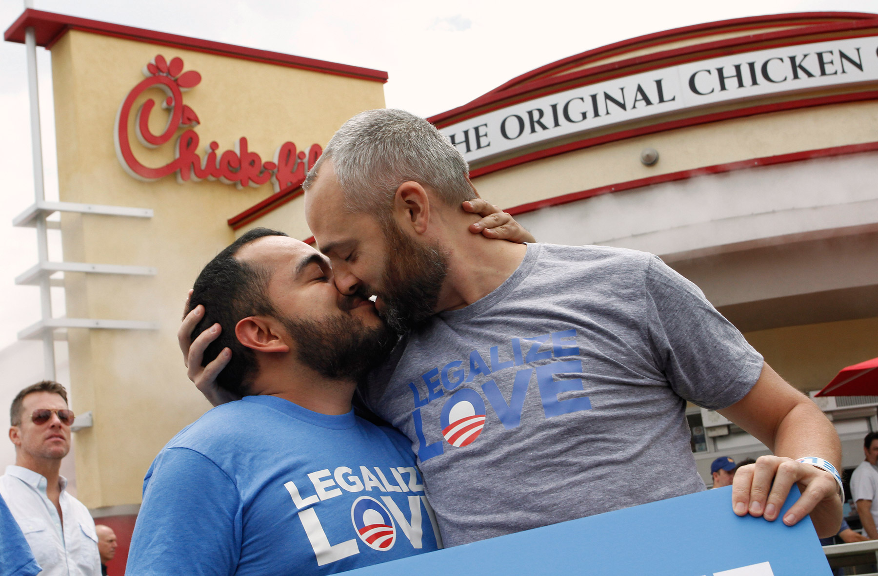 Eduardo Cisneros,left, and Luke Montgomery kiss on national "kiss-in" day at a Chick-fil-A restaurant in Hollywood, California, August 3, 2012. (Jonathan Alcorn—Reuters)