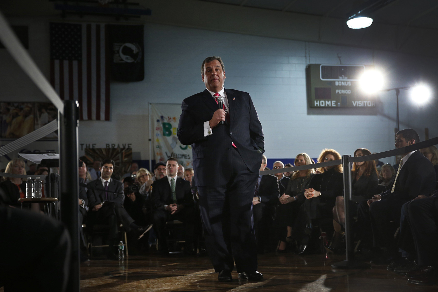 New Jersey Governor Christie speaks to local residents of Belmar, New Jersey and other shore towns in Monmouth County during a Town Hall meeting to discuss federal funds for recovery from hurricane Sandy, in Belmar