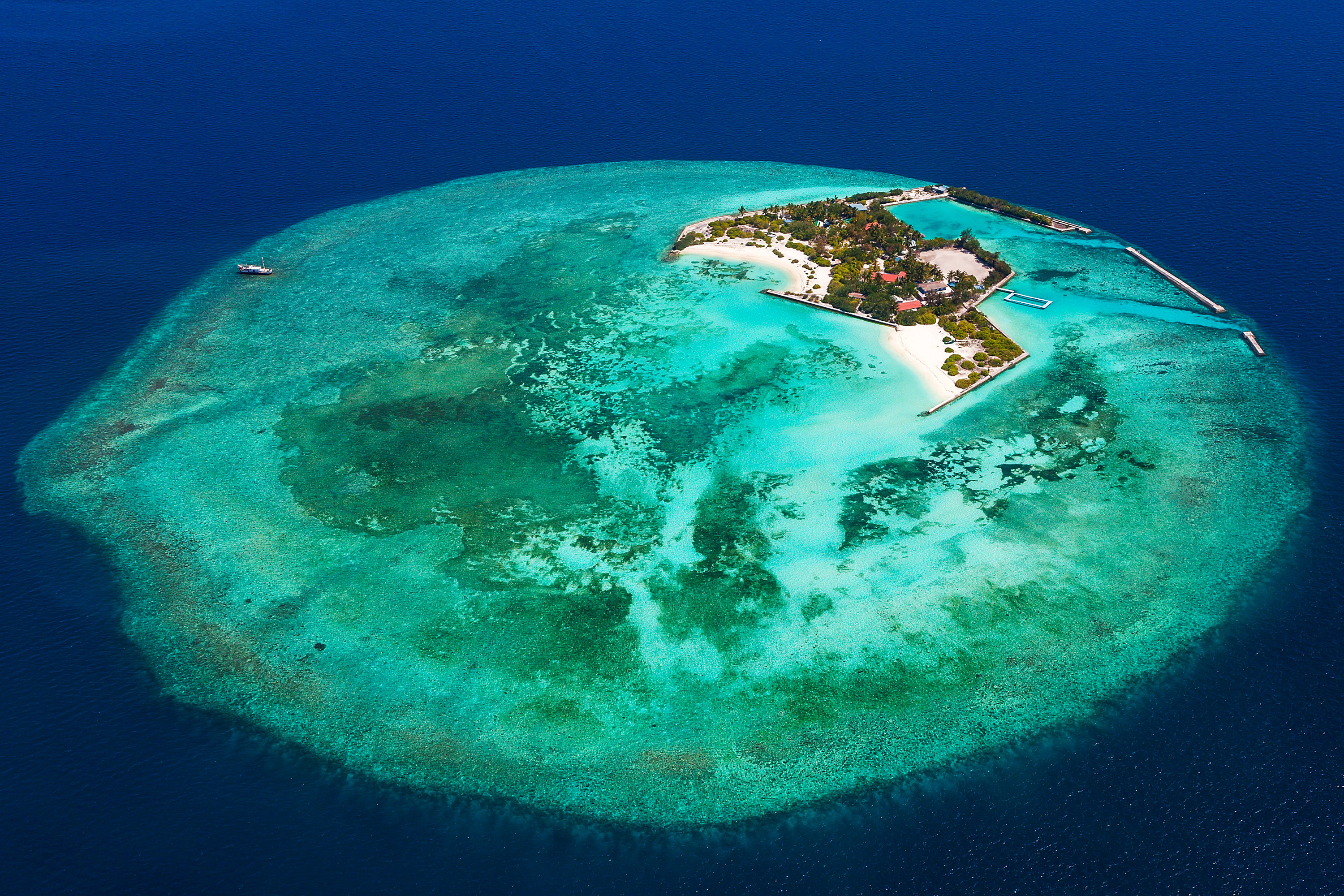 An aerial view of Feydhoo Finolhu island at Male Atoll, Maldives.