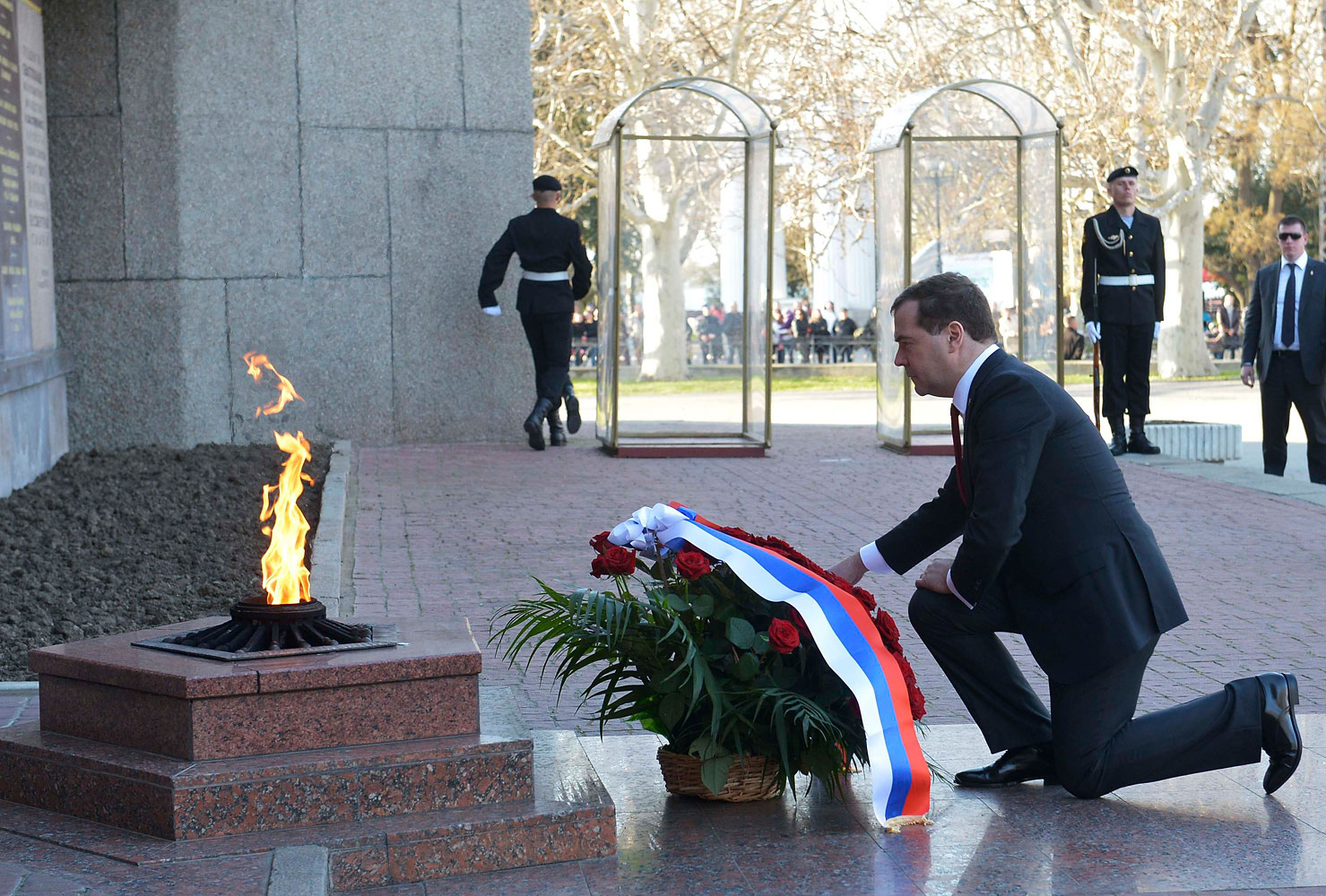 Russia's Prime Minister Dmitry Medvedev takes part in a wreath laying ceremony at the World War Two Memorial to Heroic Defence of Sevastopol in Sevastopol, March 31, 2014.