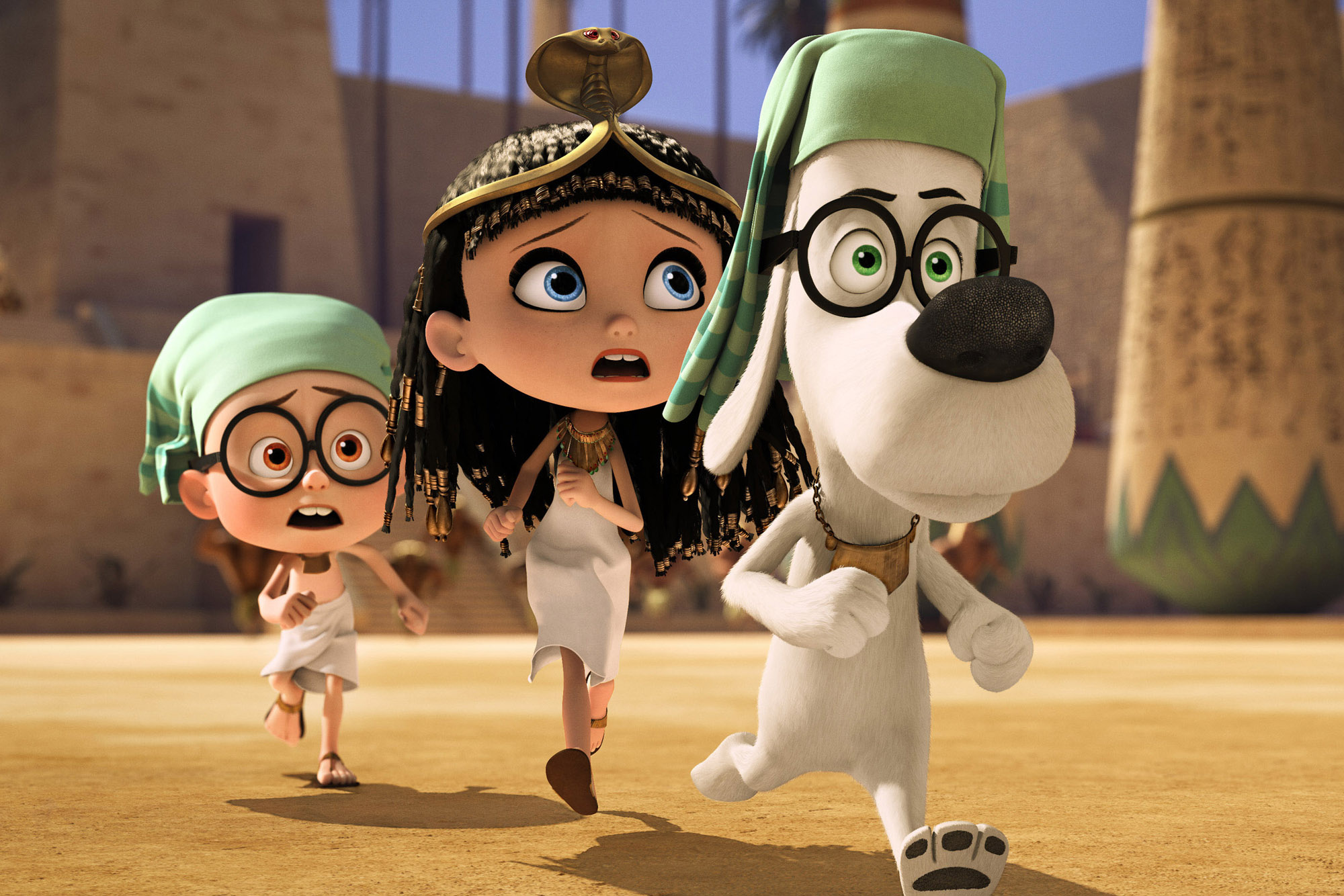 This image released by DreamWorks Animation shows Sherman, voiced by Max Charles, from left, Penny, voiced by Ariel Winter, and Mr. Peabody, voiced by Ty Burell, in a scene from 