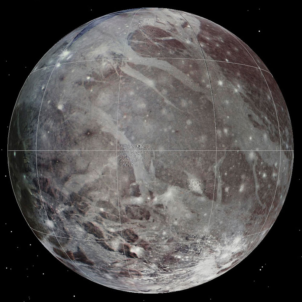 Ganymede, a moon of Jupiter and the largest moon in the solar system, is seen in a global geologic map - the first of an icy outer-planet moon - released Feb. 12, 2014. A team of scientists led by Wes Patterson of the Johns Hopkins Applied Physics Laboratory used images from NASA's Voyager and Galileo missions to create the map.