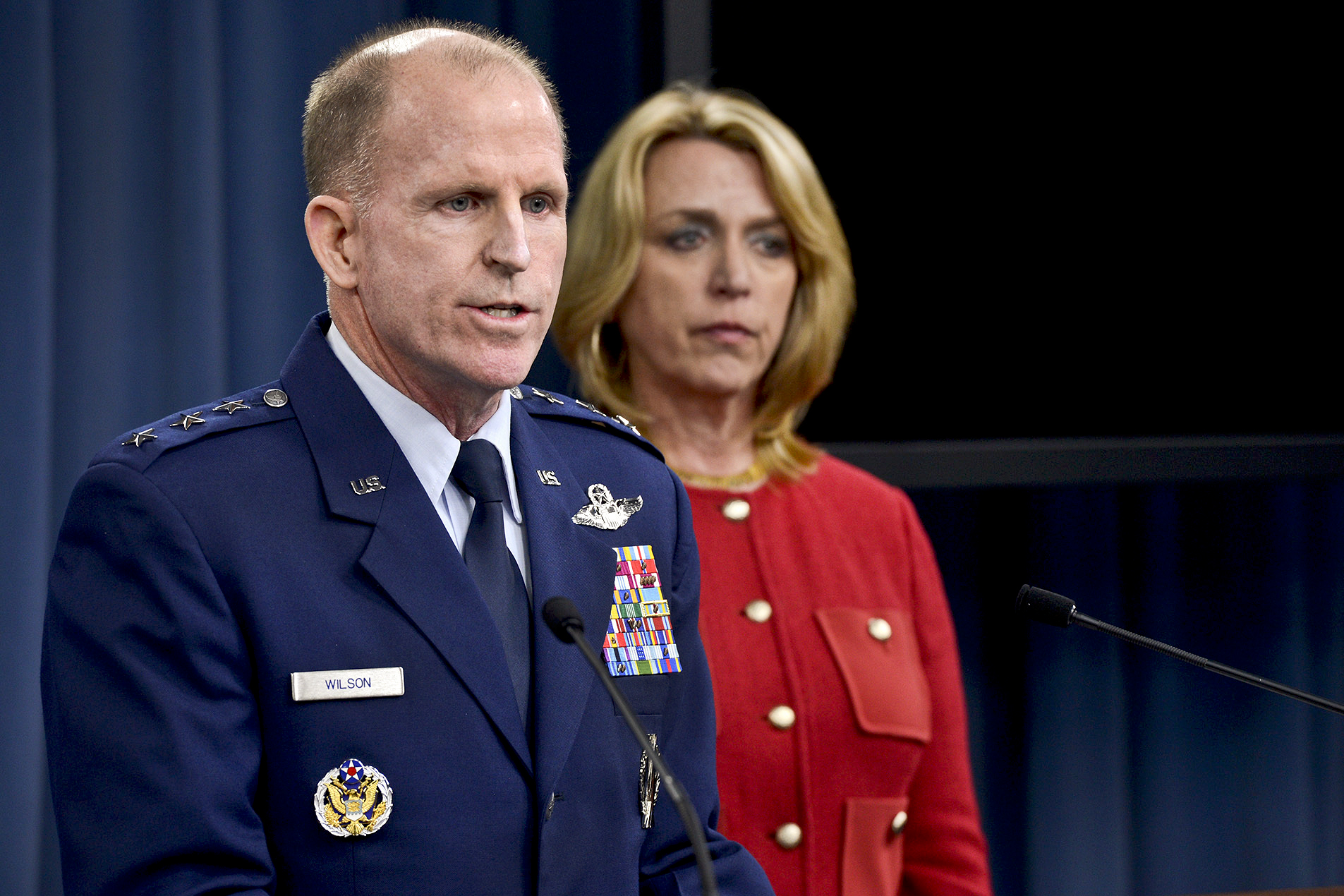 Lieut. General Stephen Wilson, chief of the Air Force's Global Strike Command, and Secretary of the Air Force Deborah Lee James, detail what happened at Malmstrom. (Scott Ash / Air Force)