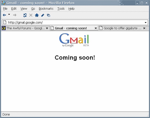 Gmail's home page as it looked on March 31, 2004, shortly before the service launched (Skizzers.org)