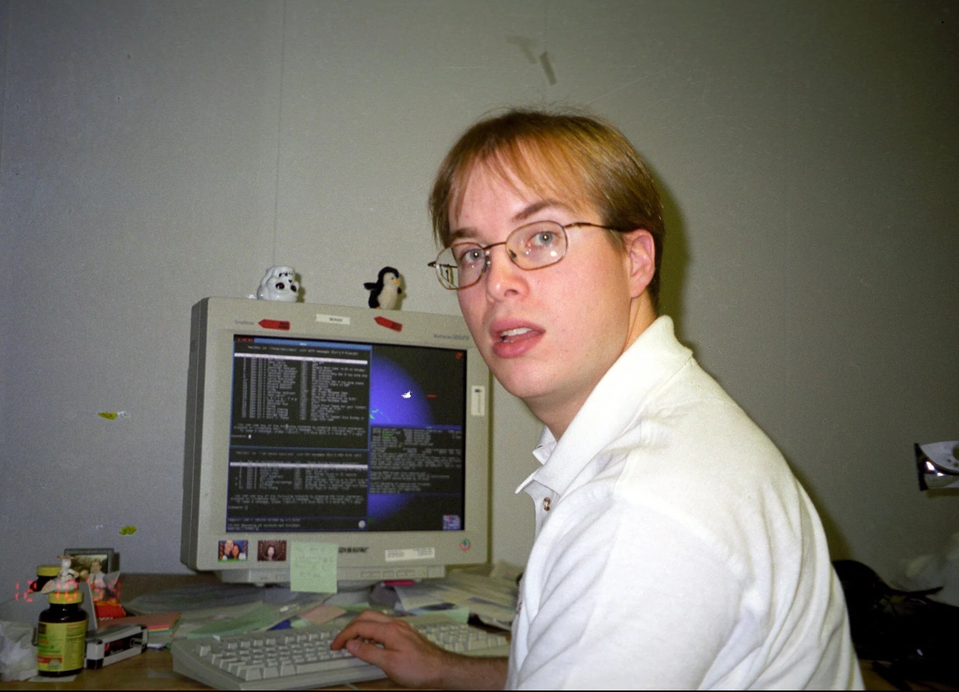 Gmail's creator, Paul Buchheit, at his desk at Google in 1999 (Courtesy Paul Buchheit)
