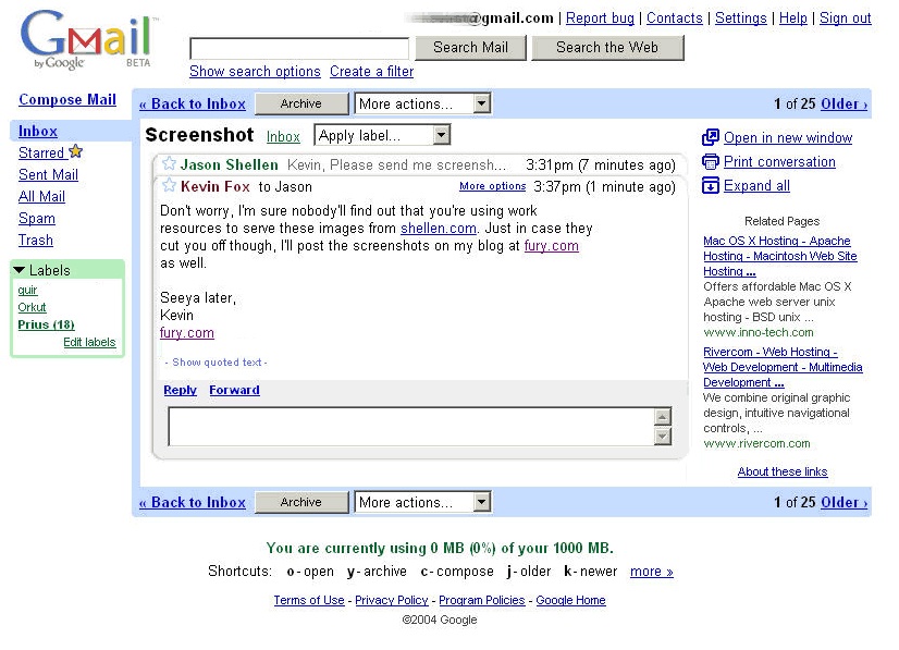 Gmail as it appeared in April of 2004, in a screenshot created by its designer, Kevin Fox (Kevin Fox)