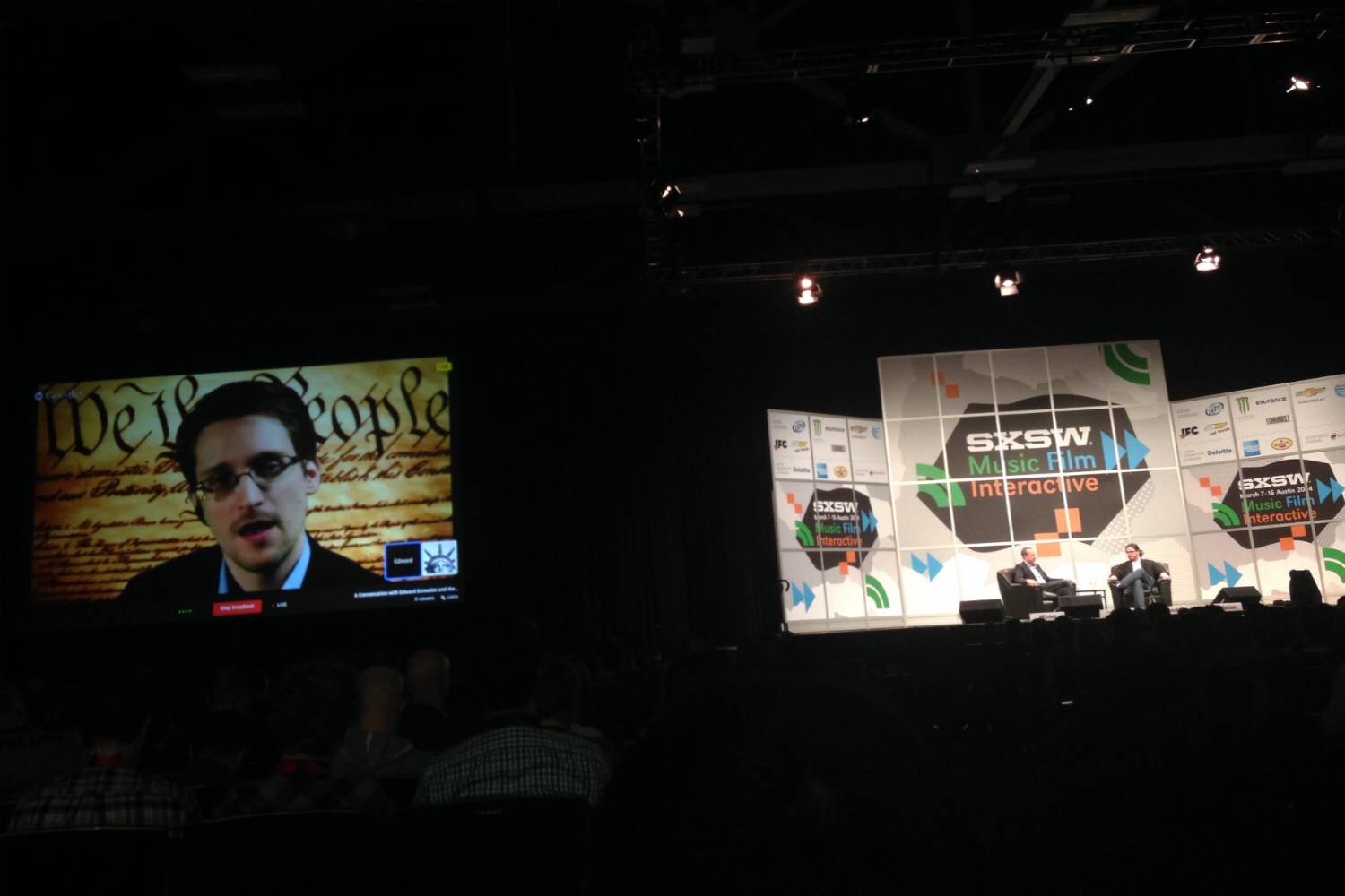 Edward Snowden speaks via video conference from Russia at SXSW Interactive in Austin, Tex. on March 10, 2014 (Harry McCracken / TIME)