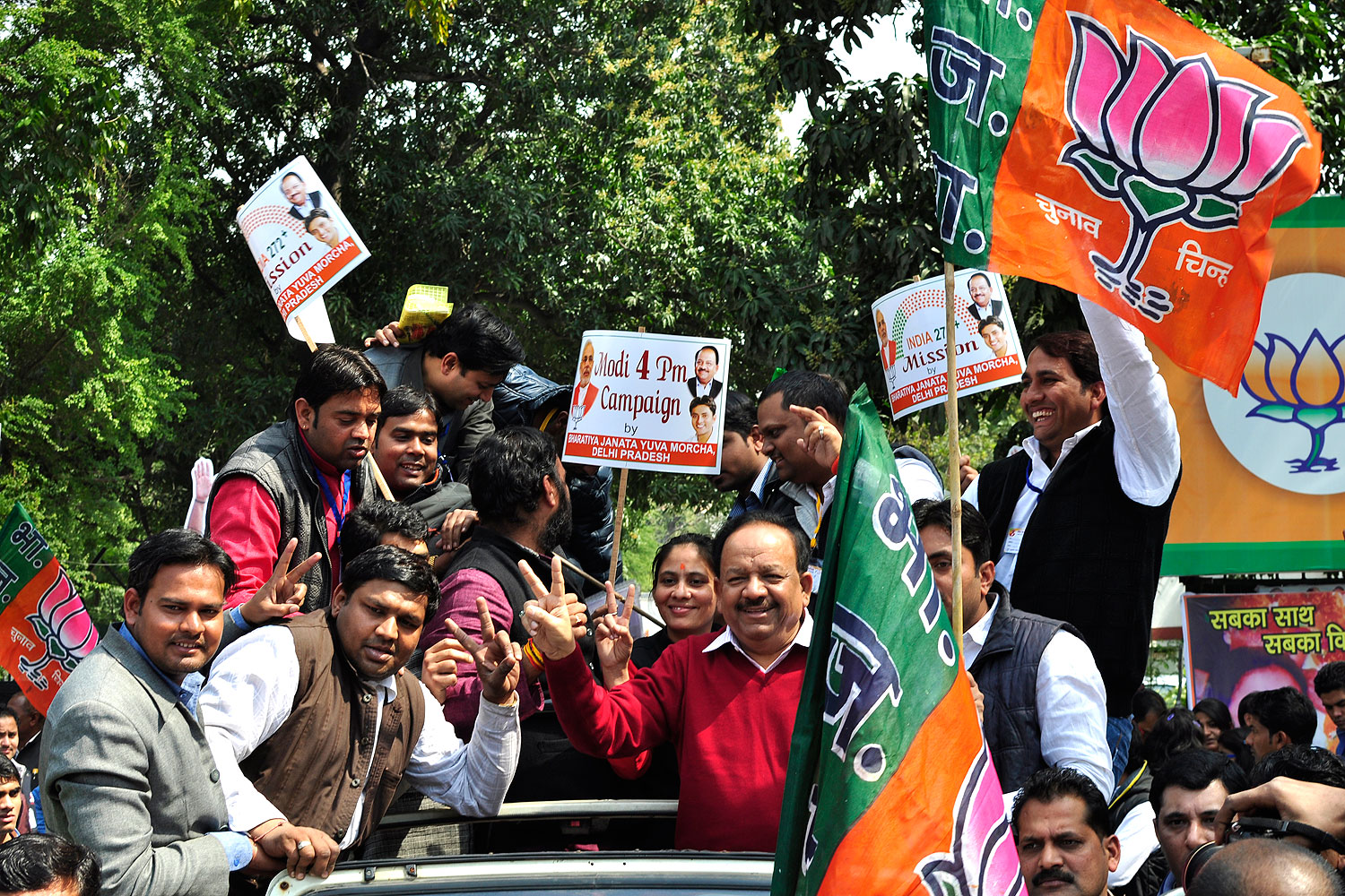 BJP Delhi president Harsh Vardhan launches a rally promoting Narendra Modi as the prime-ministerial candidate at the forthcoming Lok Sabha elections at the BJP office in New Delhi on March 4, 2014 (Hindustan Times / Getty Images)