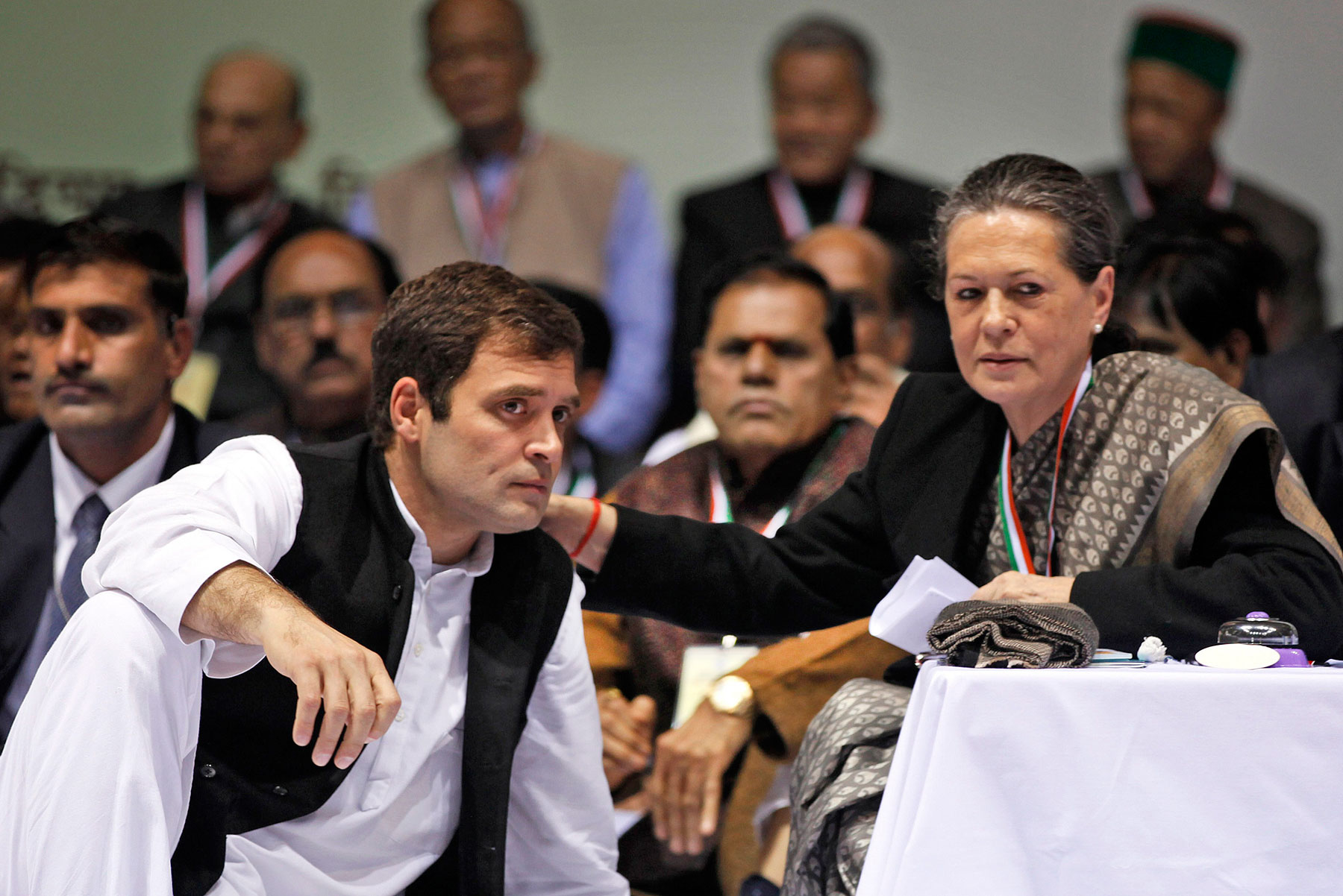 Sonia Gandhi with Rahul at a party meeting in New Delhi