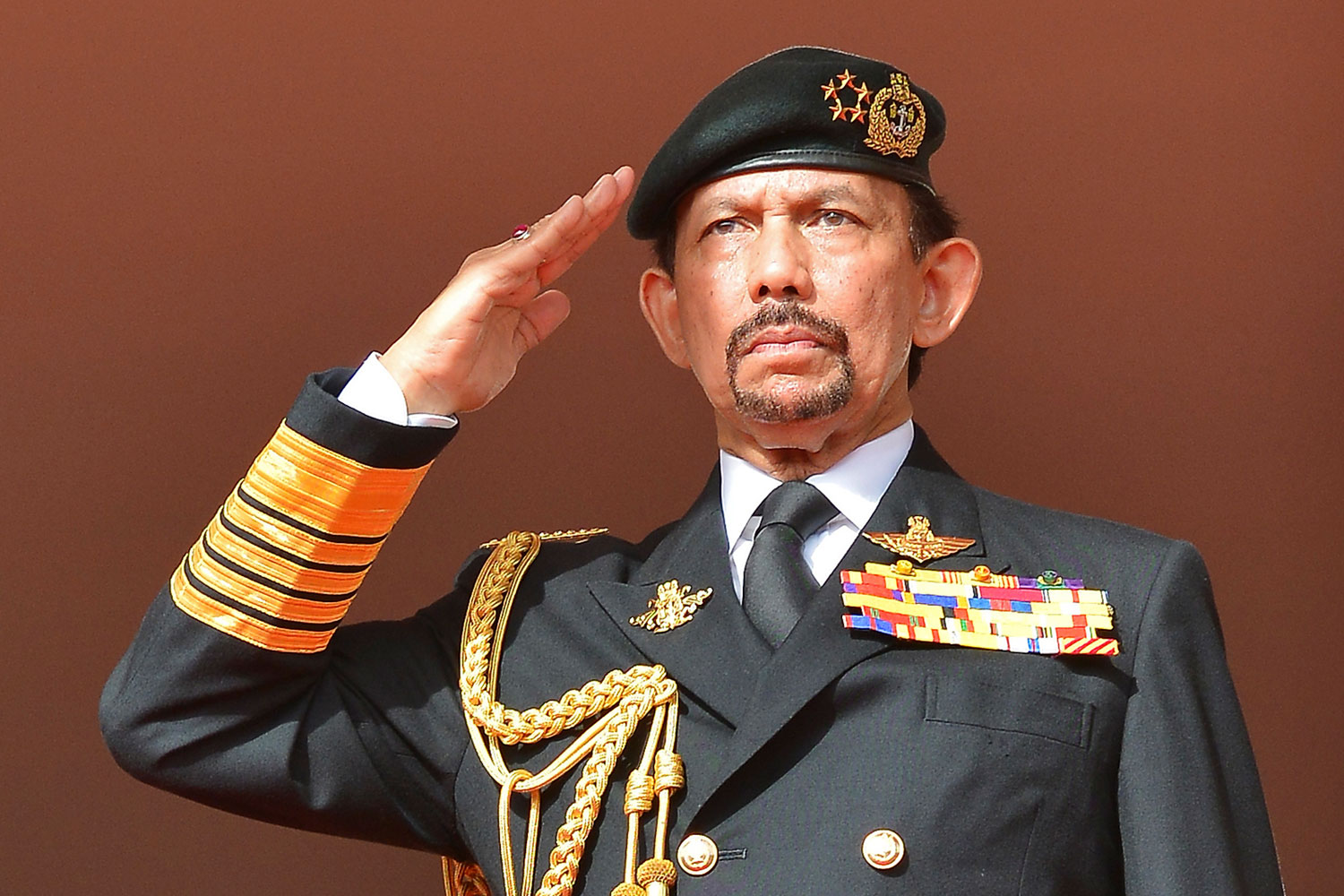 Brunei's Sultan Hassanal Bolkiah salutes as the national anthem is played during celebrations for Brunei's 30th National Day, in Bandar Seri Begawan on Feb. 23, 2014. (Ahim Rani—Reuters)