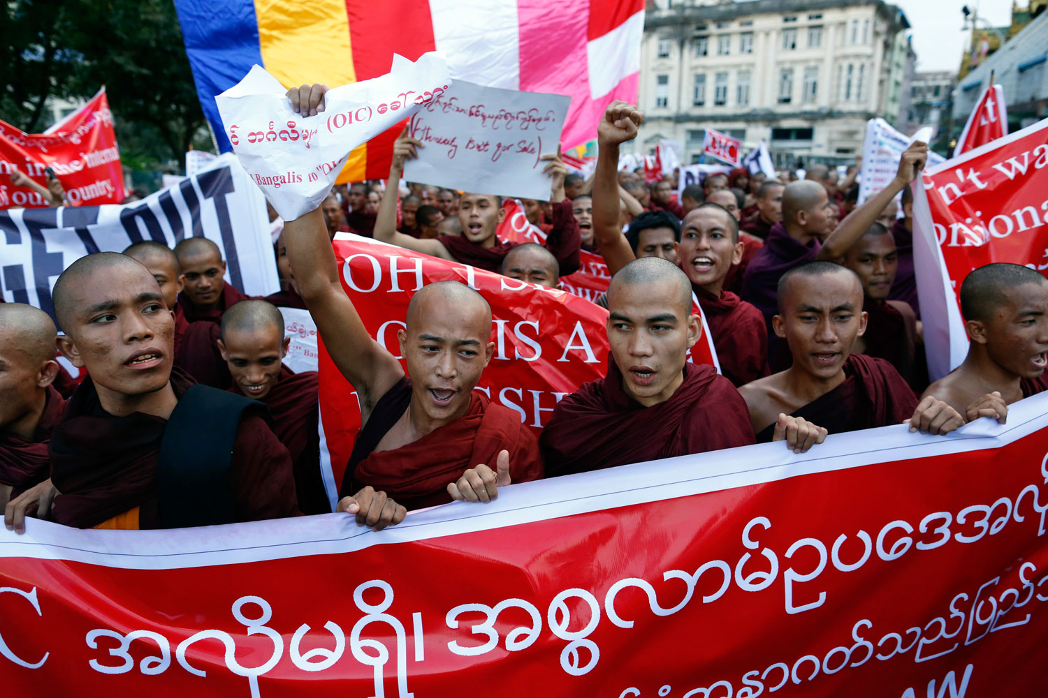 Buddhist monks protest against a visit to Myanmar by a high-level delegation from the Organization of Islamic Cooperation (OIC), in Yangon in November  2013. The clergy play a leading role in stoking anti-Muslim feeling. (Soe Zeya Tun—Reuters)