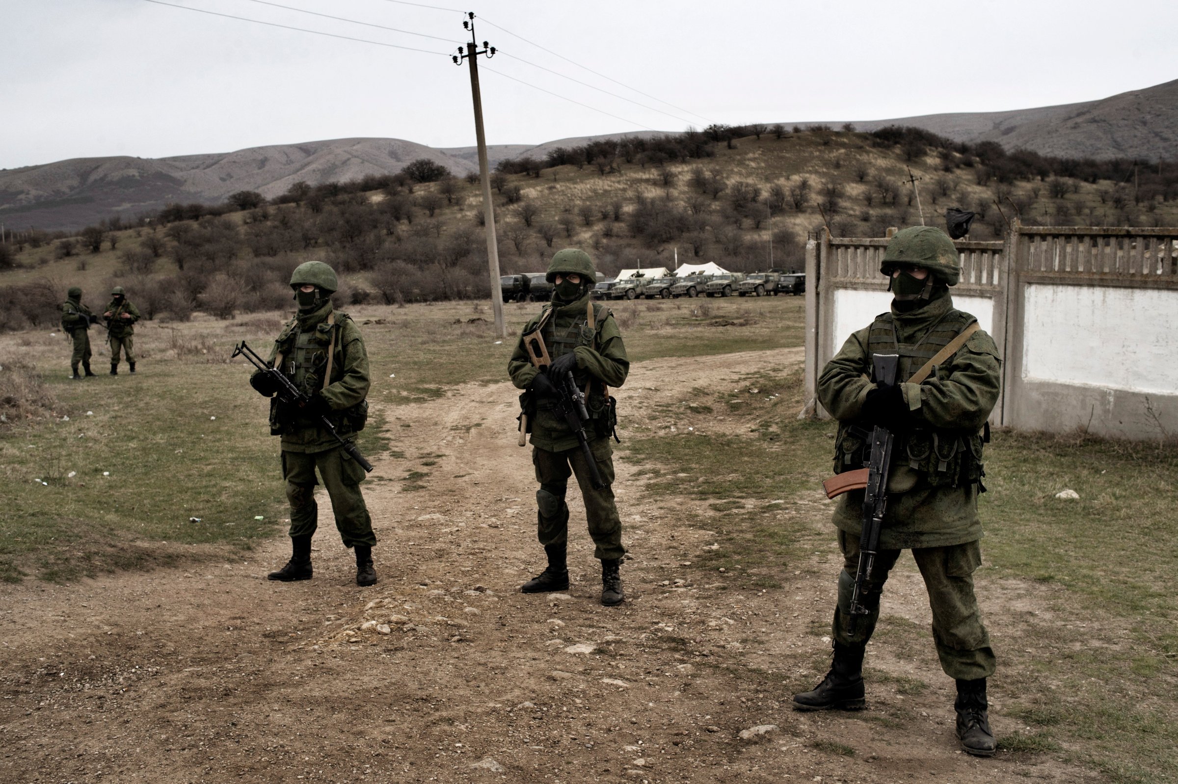 Some heavily armed soldiers without insignia had taken up positions around small Ukrainian military bases, but did not try to enter them, in Perevalnoye, Ukraine on March, 4 2014.