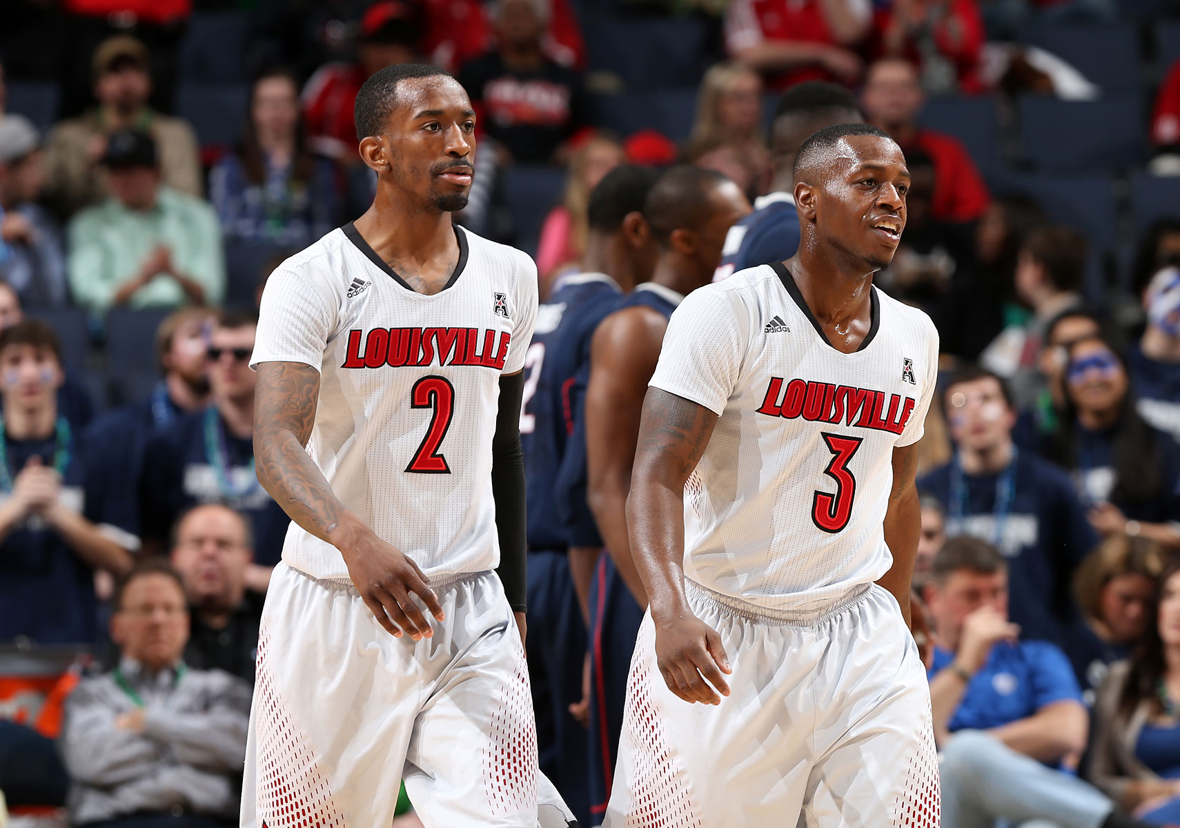 From left: Russ Smith #2 and Chris Jones #3 of the Louisville Cardinals during the Championship of the American Athletic Conference Tournament at FedExForum on March 15, 2014 in Memphis.