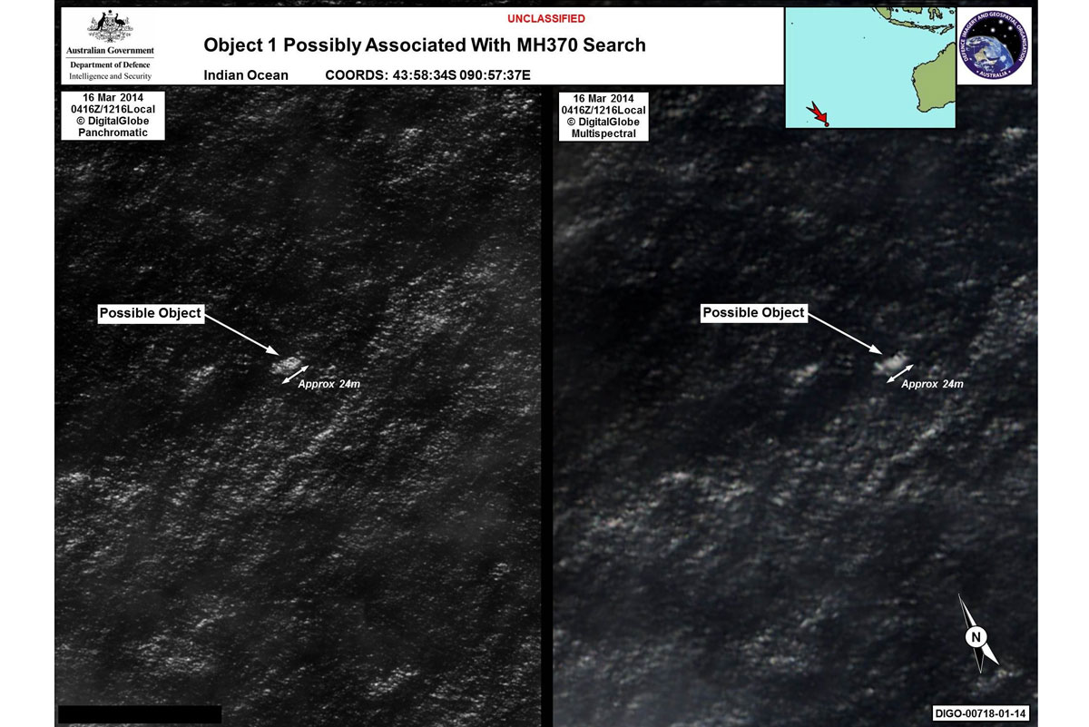A satellite image of objects that may be possible debris of the missing Malaysia Airlines Flight MH370 in the Indian Ocean, released on March 20, 2014. (Xinhua/Corbis)