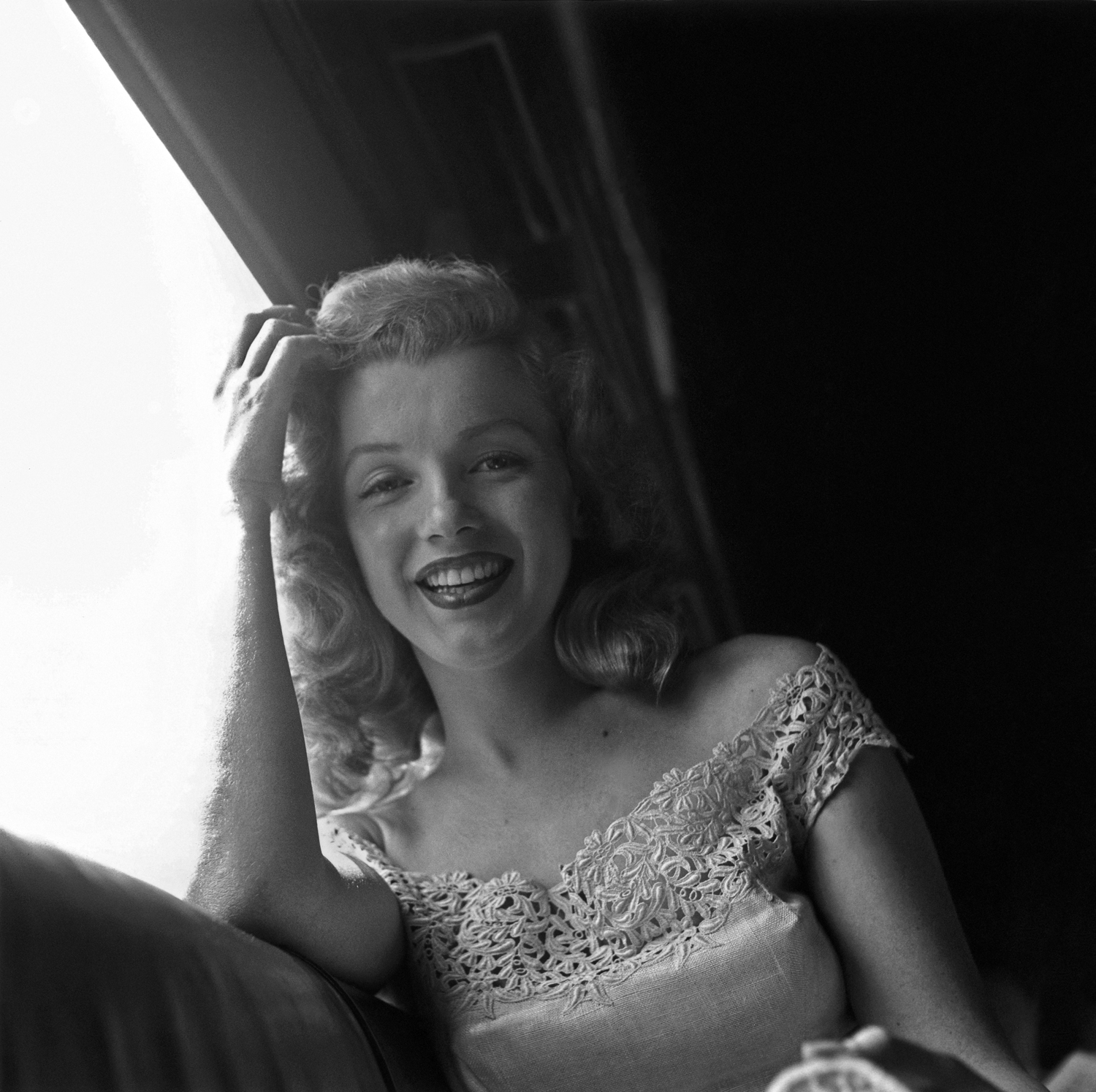 American actress Marilyn Monroe (1926 - 1962) riding on a train from New York City to Warrensburg, New York in June 1949.