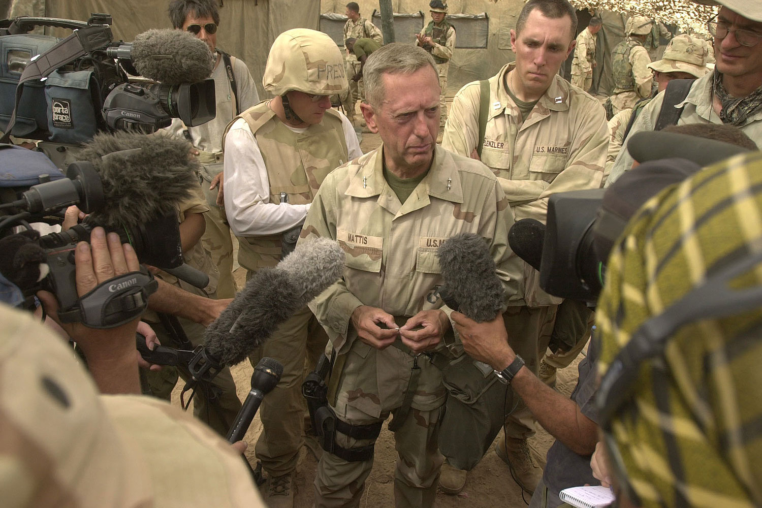 General Jim Mattis answers questions in Iraq in 2003. He has served in both Gulf Wars as well as in Afghanistan (Julie Jacobson / AP)