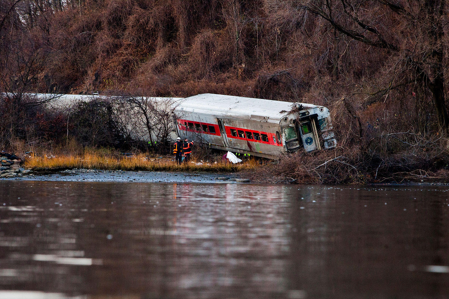 The wreckage of a Metro-North commuter train lies on its side after it derailed just north of the Spuyten Duyvil station December 1, 2013 in the Bronx borough of New York City. (Christopher Gregory&mdash;Getty Images)