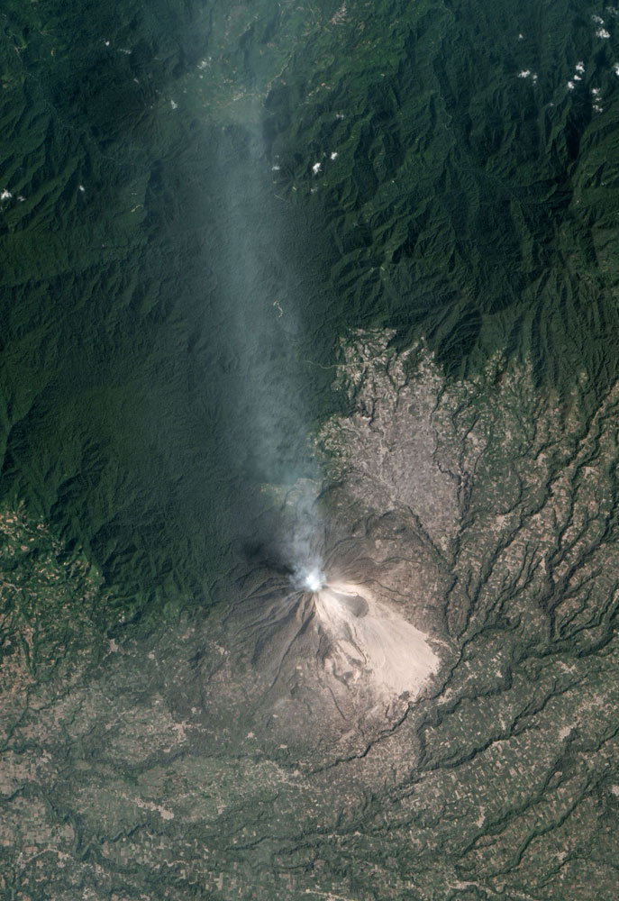 The Advanced Land Imager (ALI) on board NASA's Earth Observing-1 (EO-1) satellite collected a natural-color image of an ash plume from Indonesia's Mount Sinabung volcano on Feb. 6, 2014. Frequent collapses from the unstable lava dome near Sinabungs summit create pyroclastic flows that have swept at least 4.5 kilometers (2.8 miles) down the slopes so far. The flow deposits are visible southeast of Sinabungs summit and appear light grayish.