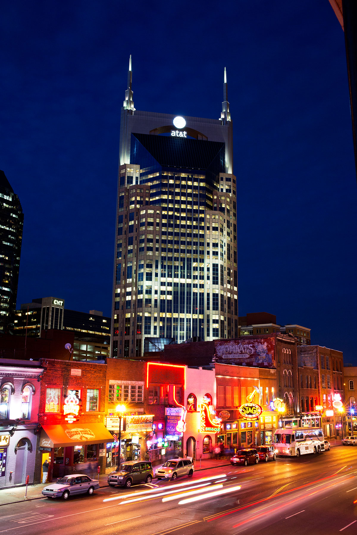 Lower Broadway is seen at night with the AT&amp;T building or "the Batman building" and CMT in the background in Nashville, February 25, 2014.