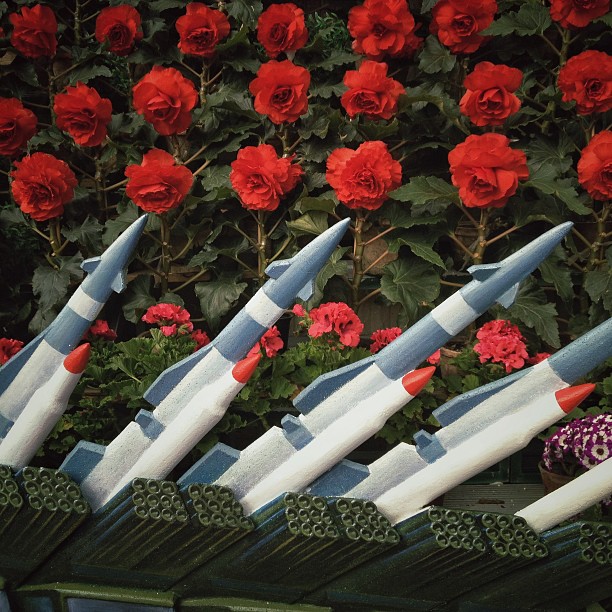 Models of North Korean rockets were incorporated into the flower arrangements at the Kimilsungia exhibition in Pyongyang, April 12, 2013.