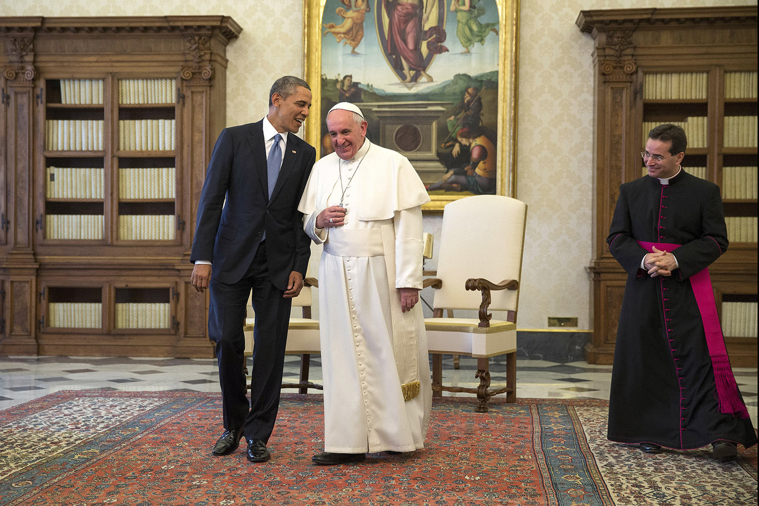 Mar. 27, 2014. President Barack Obama jokes with Pope Francis at the Vatican, Rome, Italy.