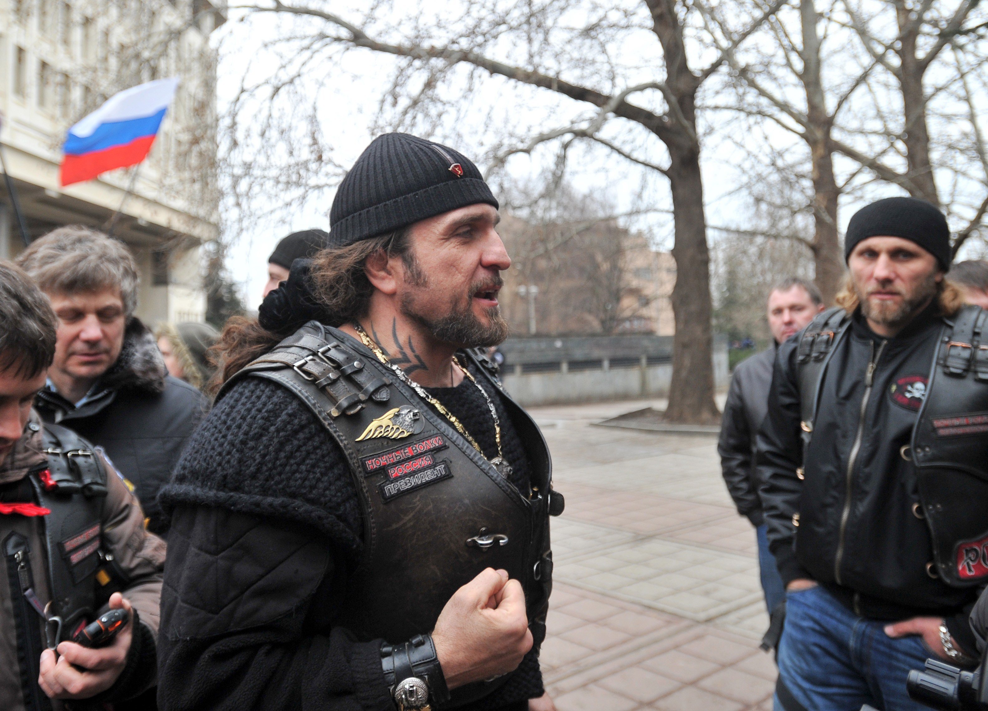 Alexander Zaldostanov attends a rally of pro-Russian activists waving the Russian flag, in front of the local parliament building on February 28, 2014 in Simferopol, Crimea, Ukraine.