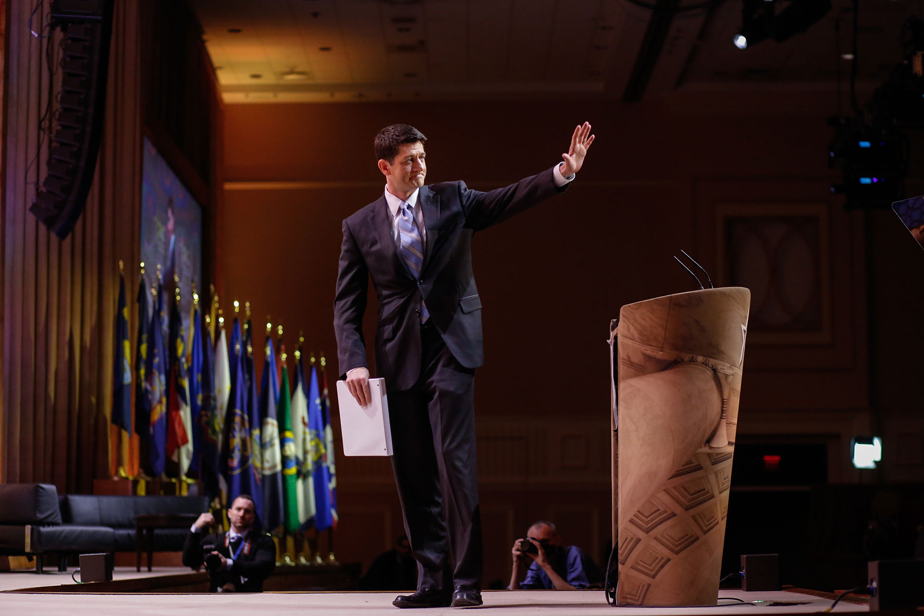 Congressman Paul Ryan, of Wisconsin, waves to the crowd after speaking during the Conservative Political Action Conference at the Gaylord National Resort & Convention Center in National Harbor, Md., March 6, 2014.