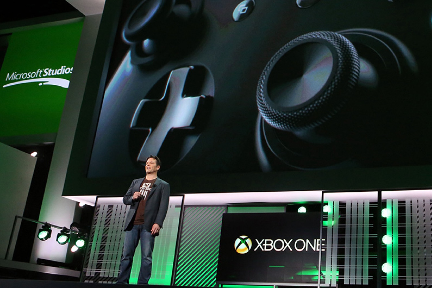 Phil Spencer on stage at the Xbox E3 2013 media briefing. (Casey Rodgers / Invision)