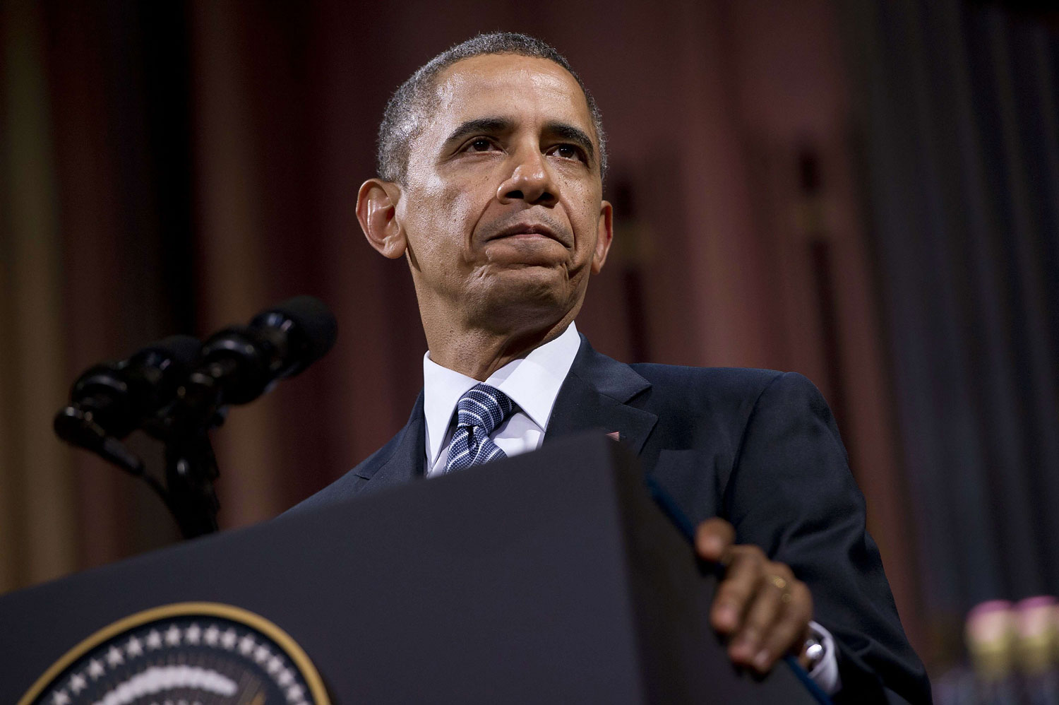 President Barack Obama delivers a speech at the Palais des Beaux-Arts in Brussels on March 26, 2014.
