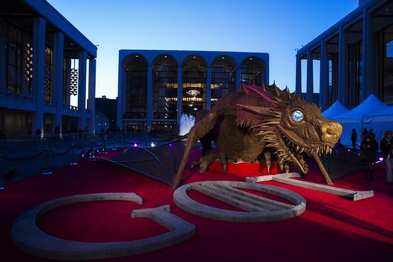 A dragon statue stands on a red carpet in preparation for the season four premiere of the HBO series "Game of Thrones" in New York