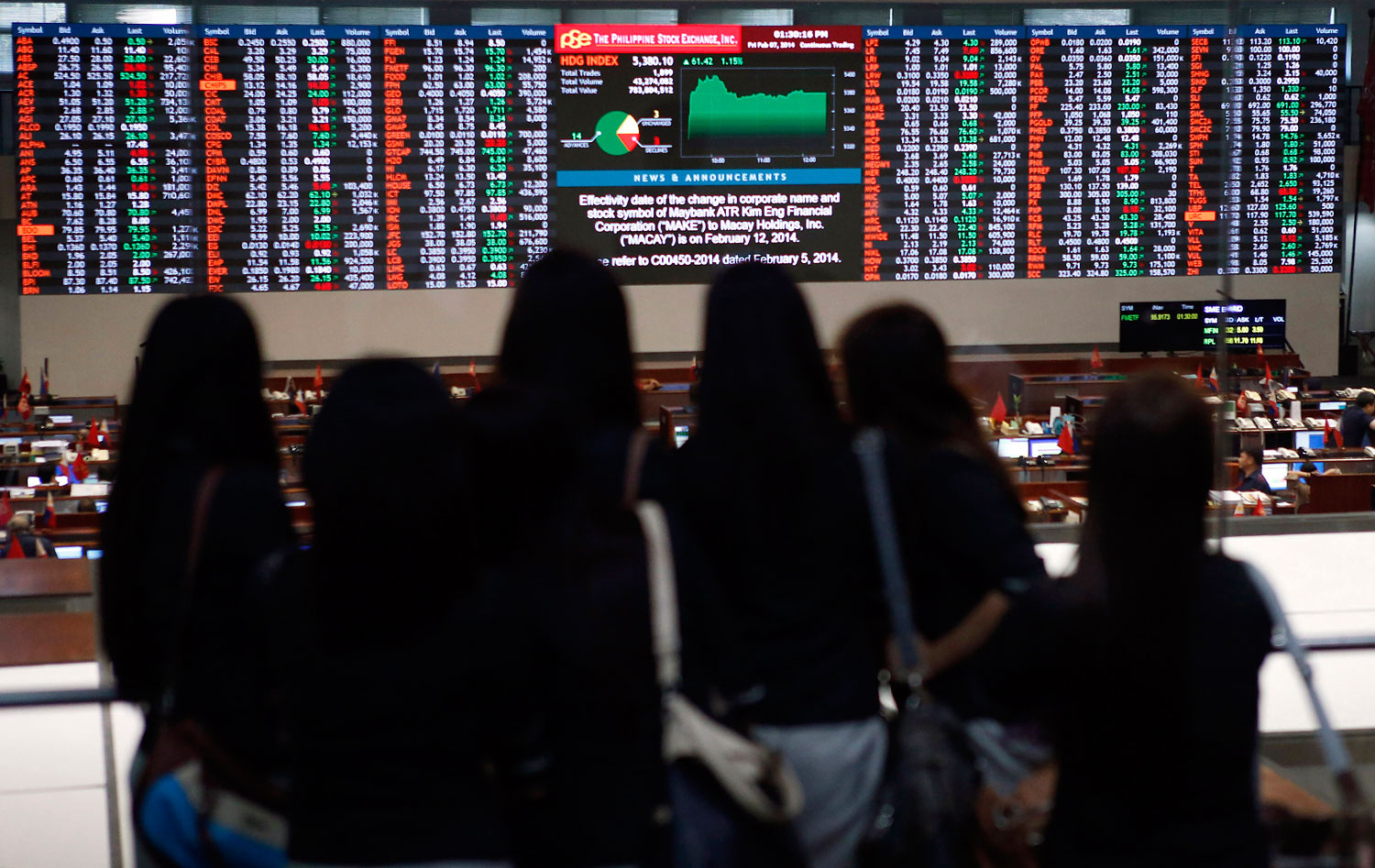 University student interns monitor trading at the Philippine Stock Exchange in Manila's Makati financial district