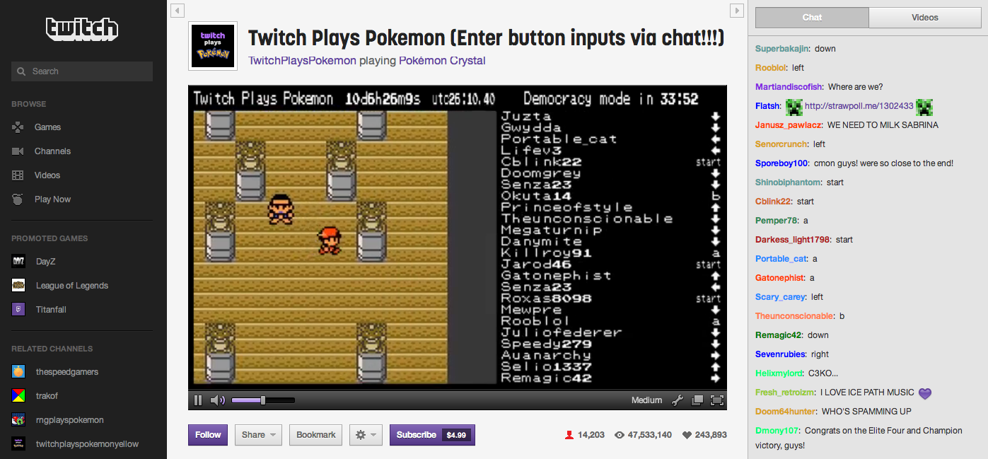 In Twitch Plays Pokemon, users can input commands through a chat window to control the game's main character