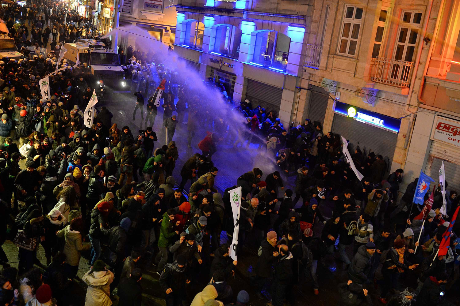 Turkish riot police use water cannons to disperse protesters in Istanbul, March 11, 2014.