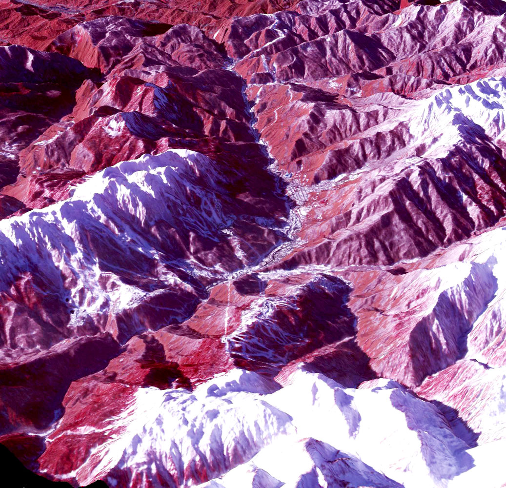 A satellite image of the skiing and snowboarding sites for the Winter Olympic Games, near Sochi, released on Feb. 8, 2014. The image was taken by the Advanced Spaceborne Thermal Emission and Reflection Radiometer (ASTER) instrument on NASA's Terra spacecraft.