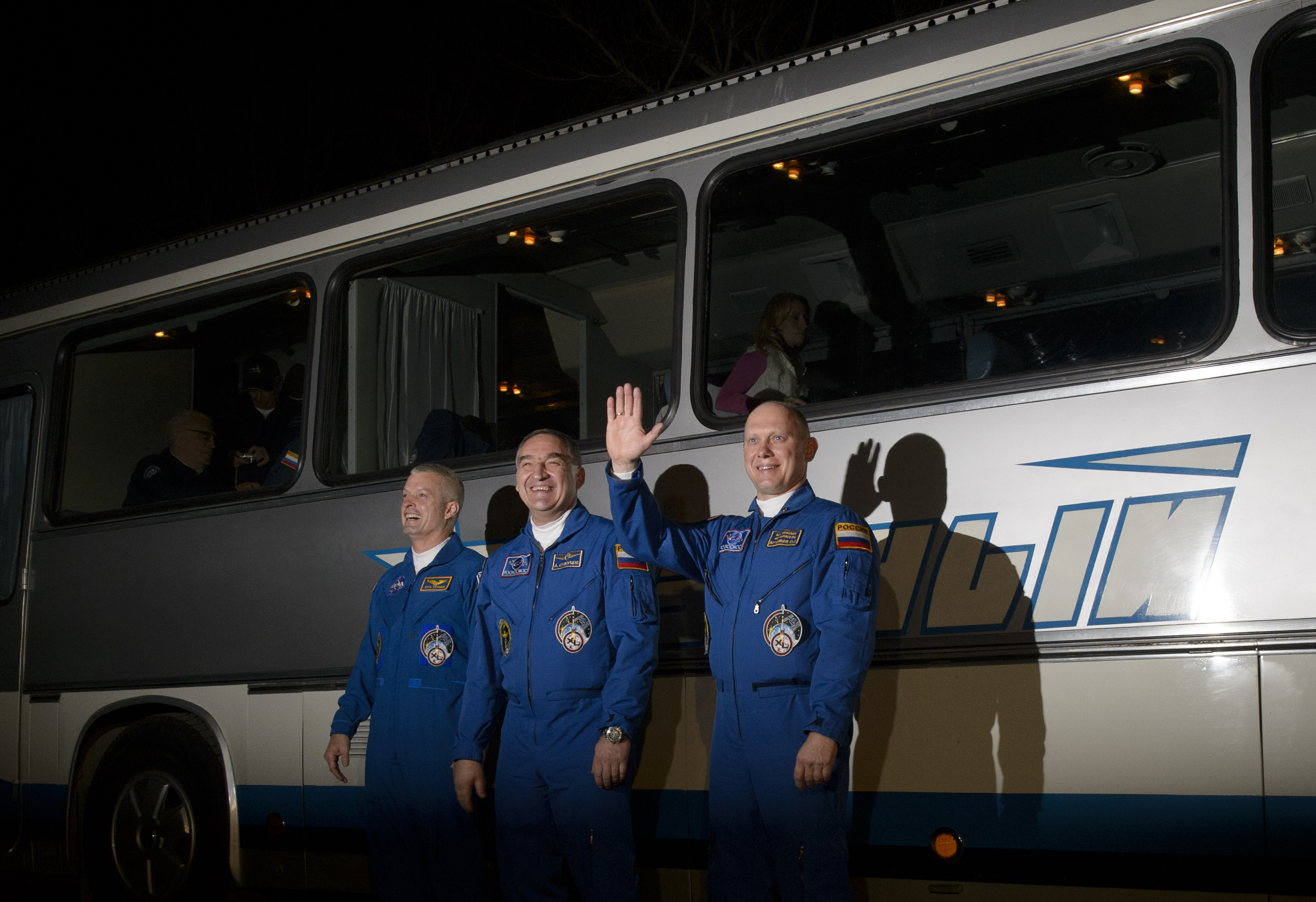 American astronaut Steve Swanson, left, and cosmonauts Alexander Skvortsov and Oleg Artemyev, are seen as they depart the Cosmonaut Hotel, Tuesday, March 25, 2014, in Baikonur, Kazakhstan, prior to their launch aboard a Soyuz rocket (NASA/Joel Kowsky &amp; Getty)